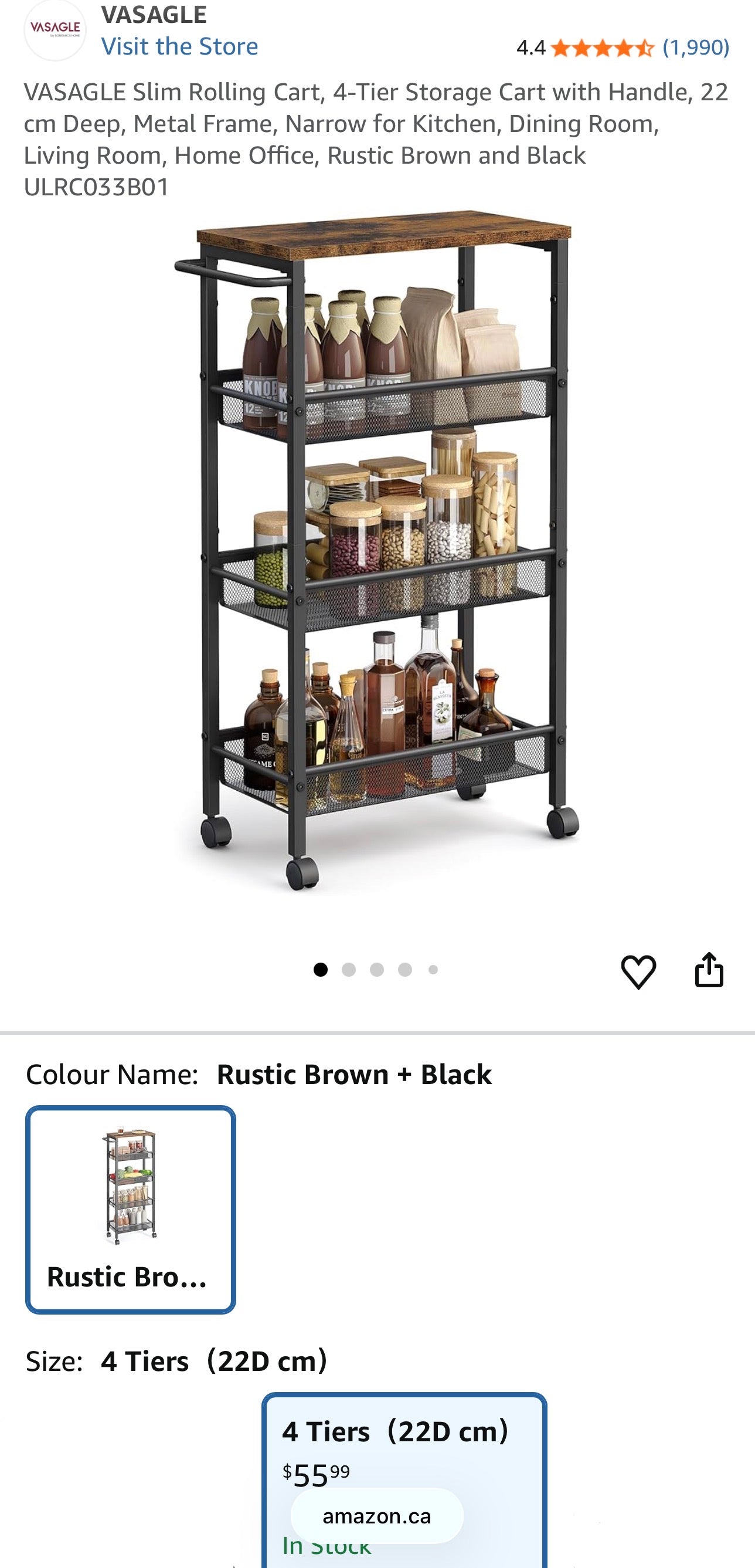 VASAGLE 4-Tier Slim Rolling Storage Cart