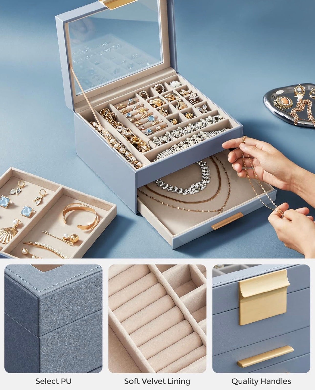 SONGMICS 3-Layer Jewelry Box Organizer with Glass Lid