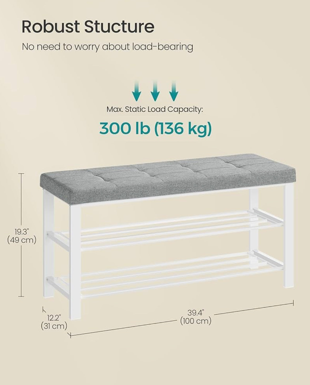 Modern 2-Tier Shoe Bench with Padded Seat — Dark Gray + Cloud White