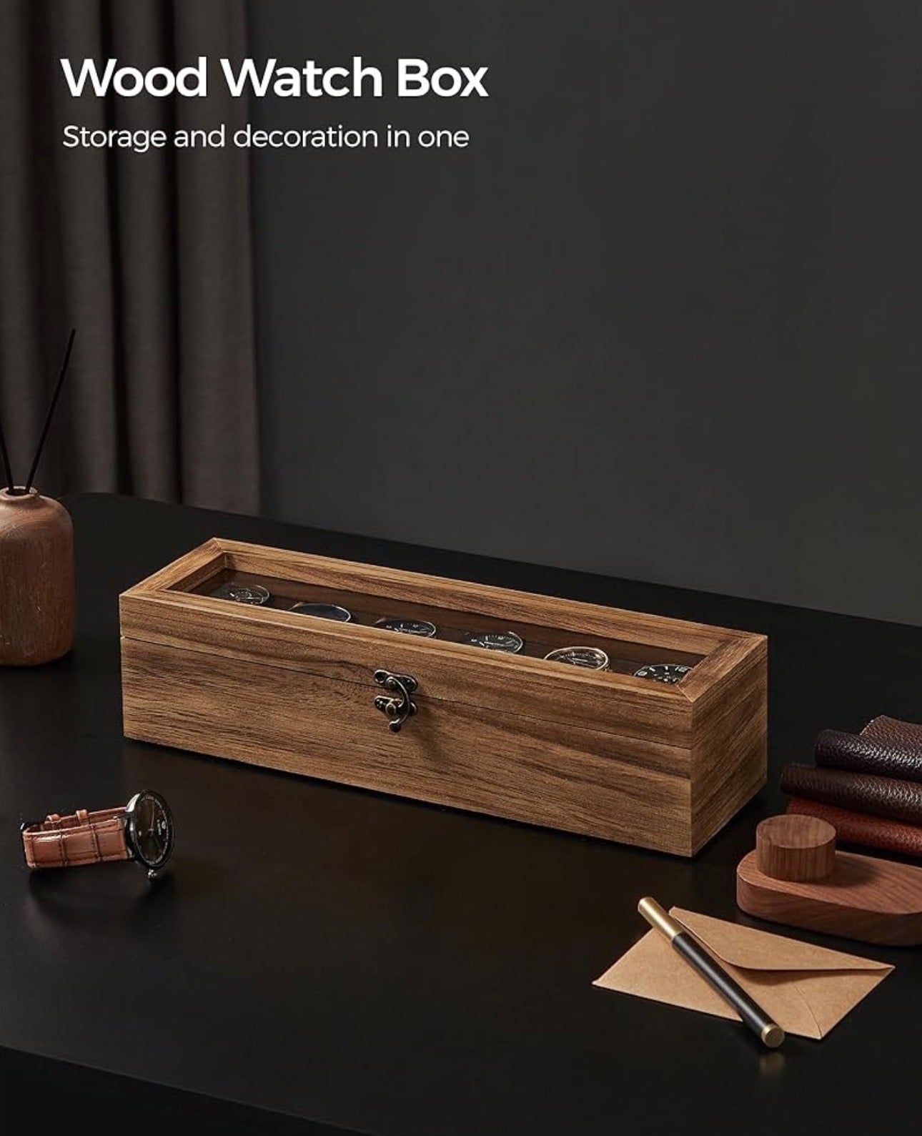 SONGMICS Rustic Walnut Watch Box – 6-Slot Display Case