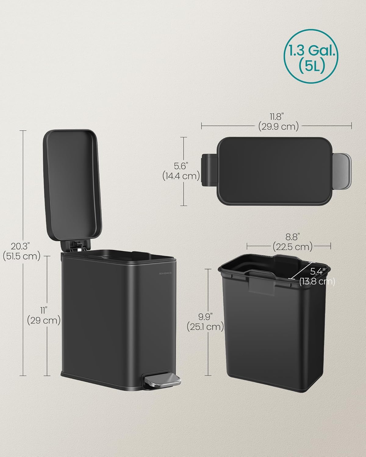 5L Slim Stainless Steel Bathroom Trash Can – Black