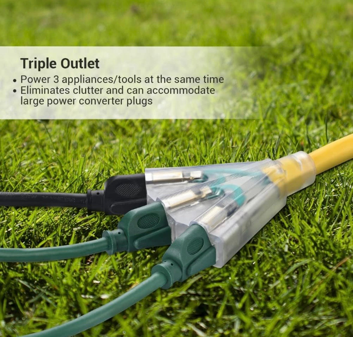 Dewenwils 15FT Heavy-Duty 12/3 Extension Cord – Triple Tap (3 Outlet)
