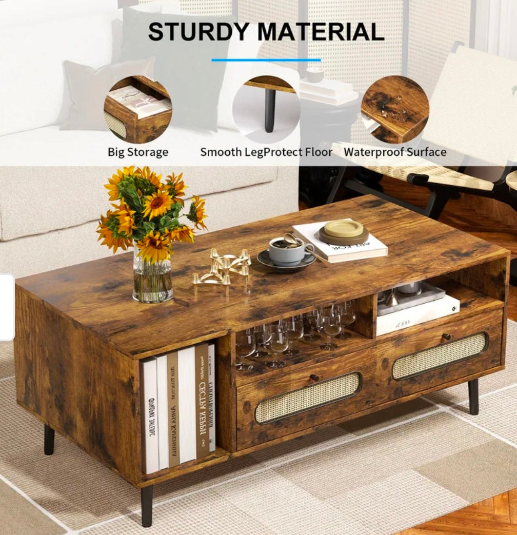 Mid-Century Modern Coffee Table w/ Storage Cabinets & Open Shelving