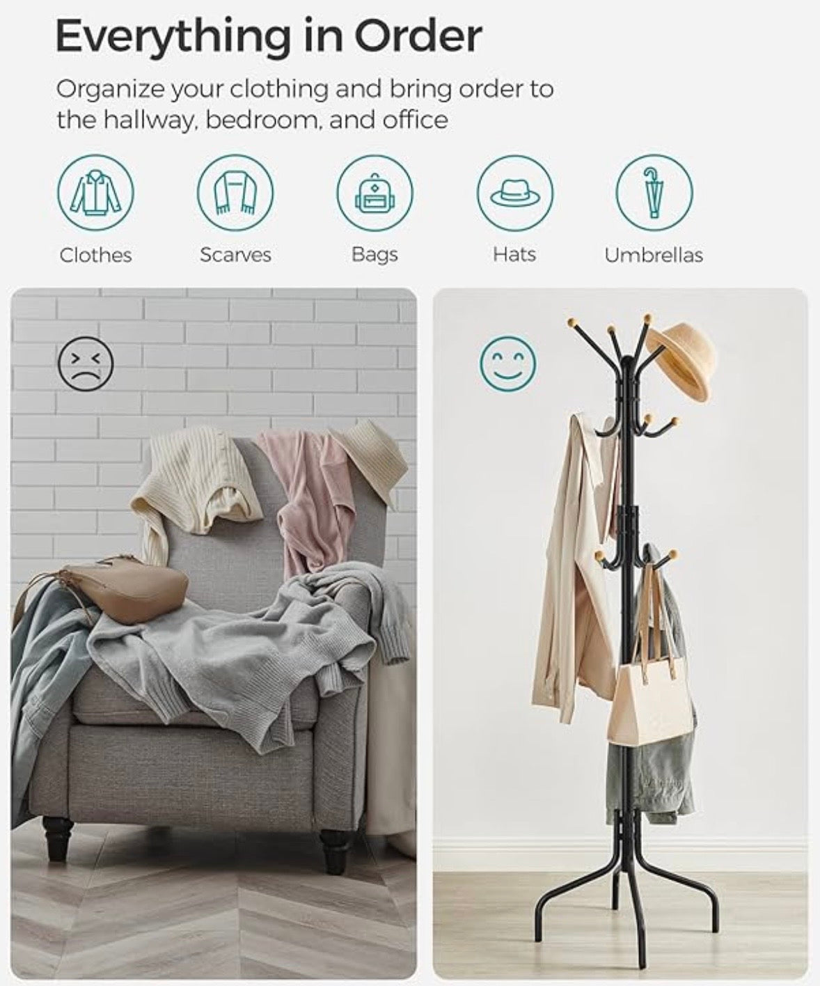 SONGMICS Freestanding Coat Rack – 12 Hook Metal Coat Tree
