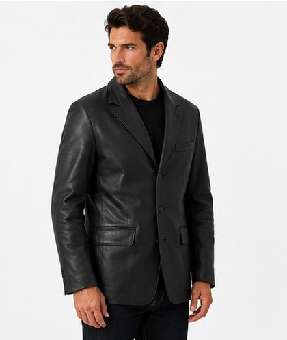 Men’s Classic Black Leather Blazer Jacket – Size 2XS