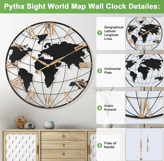 Pytha Sight 30-Inch Gold Roman World Map Wall Clock – 40 % Off Amazon Price!