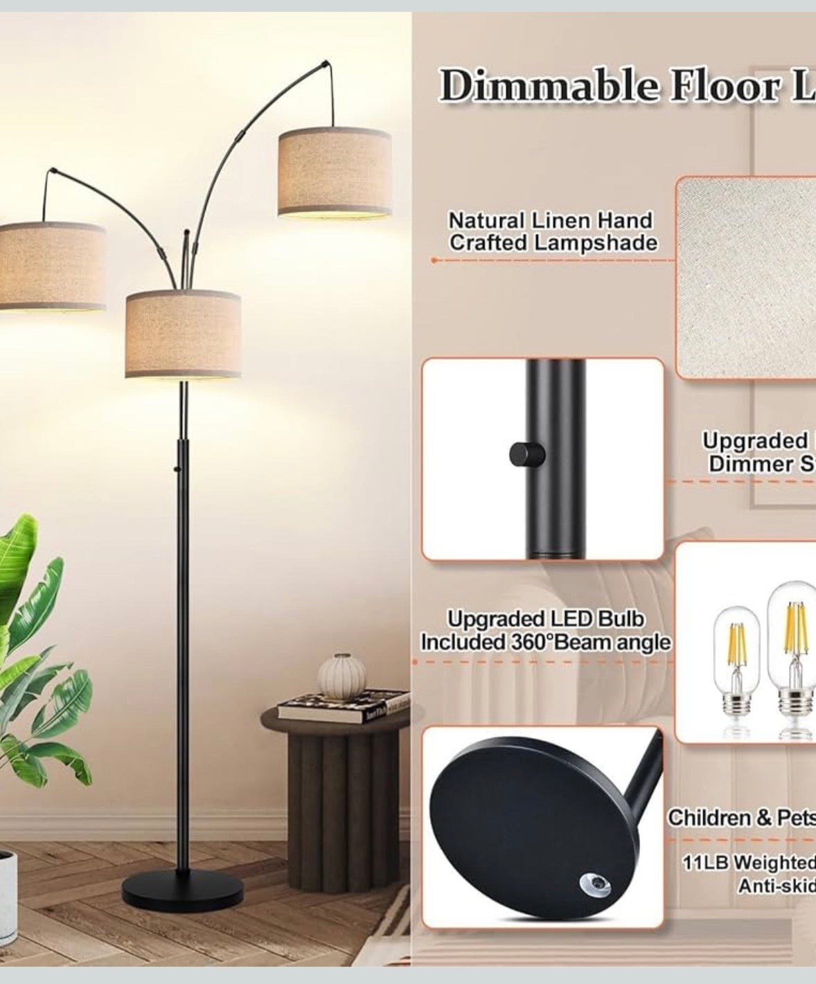 Modern 3-Light Arc Floor Lamp – Matte Black with Linen Shades