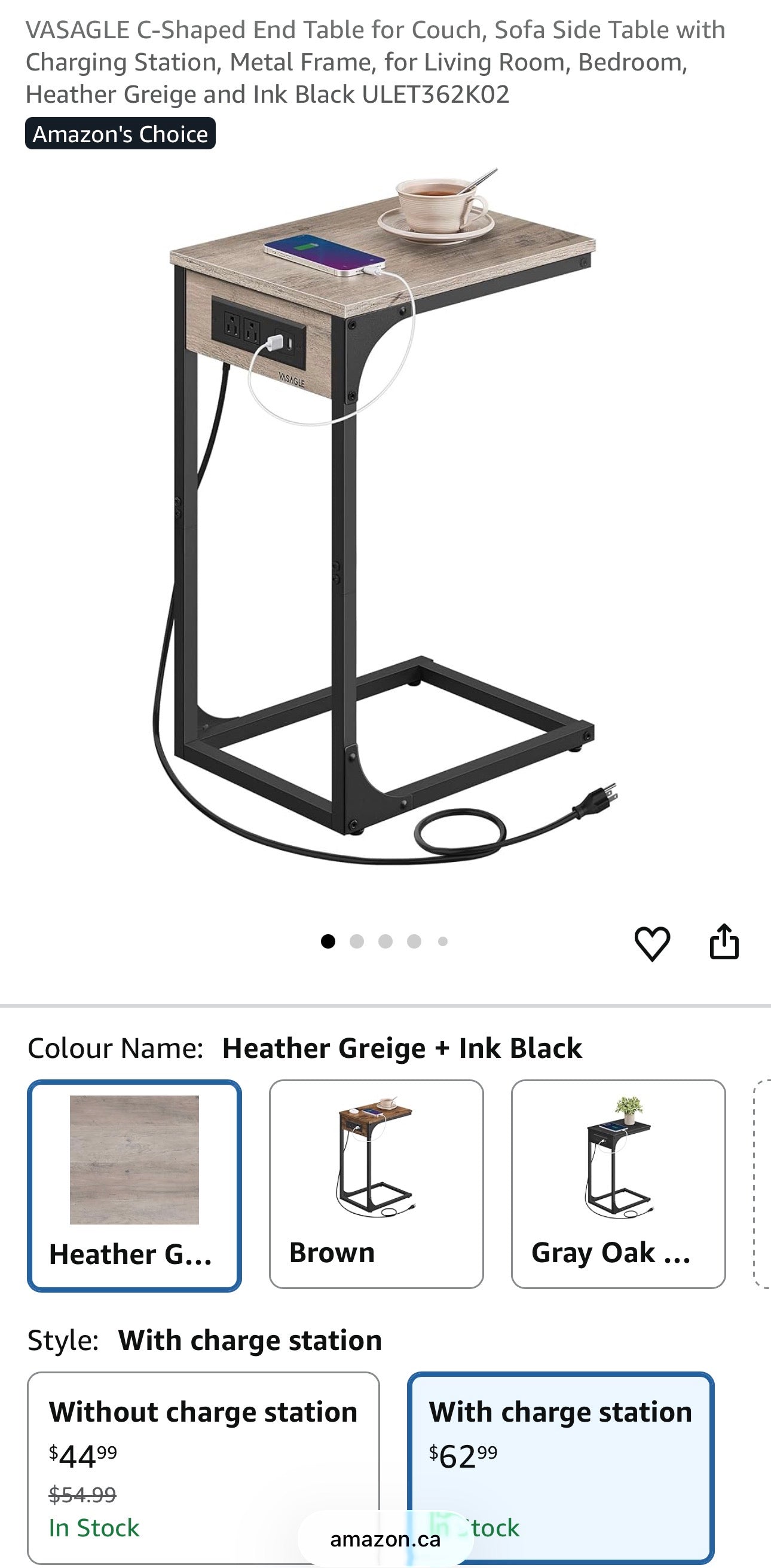VASAGLE C-Shaped Side Table with Charging Station
