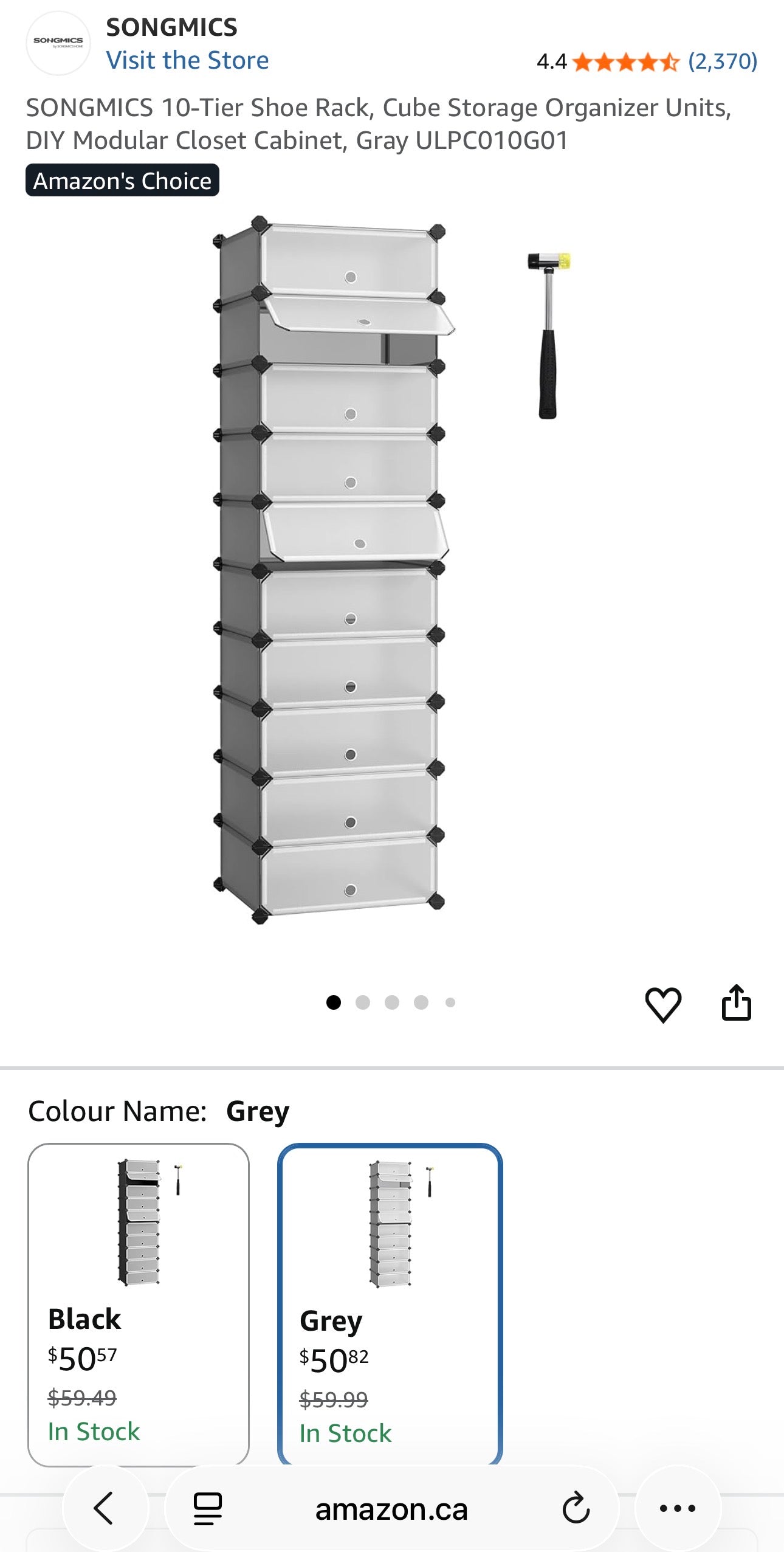 SONGMICS 10-Cube Modular Shoe Rack – Grey