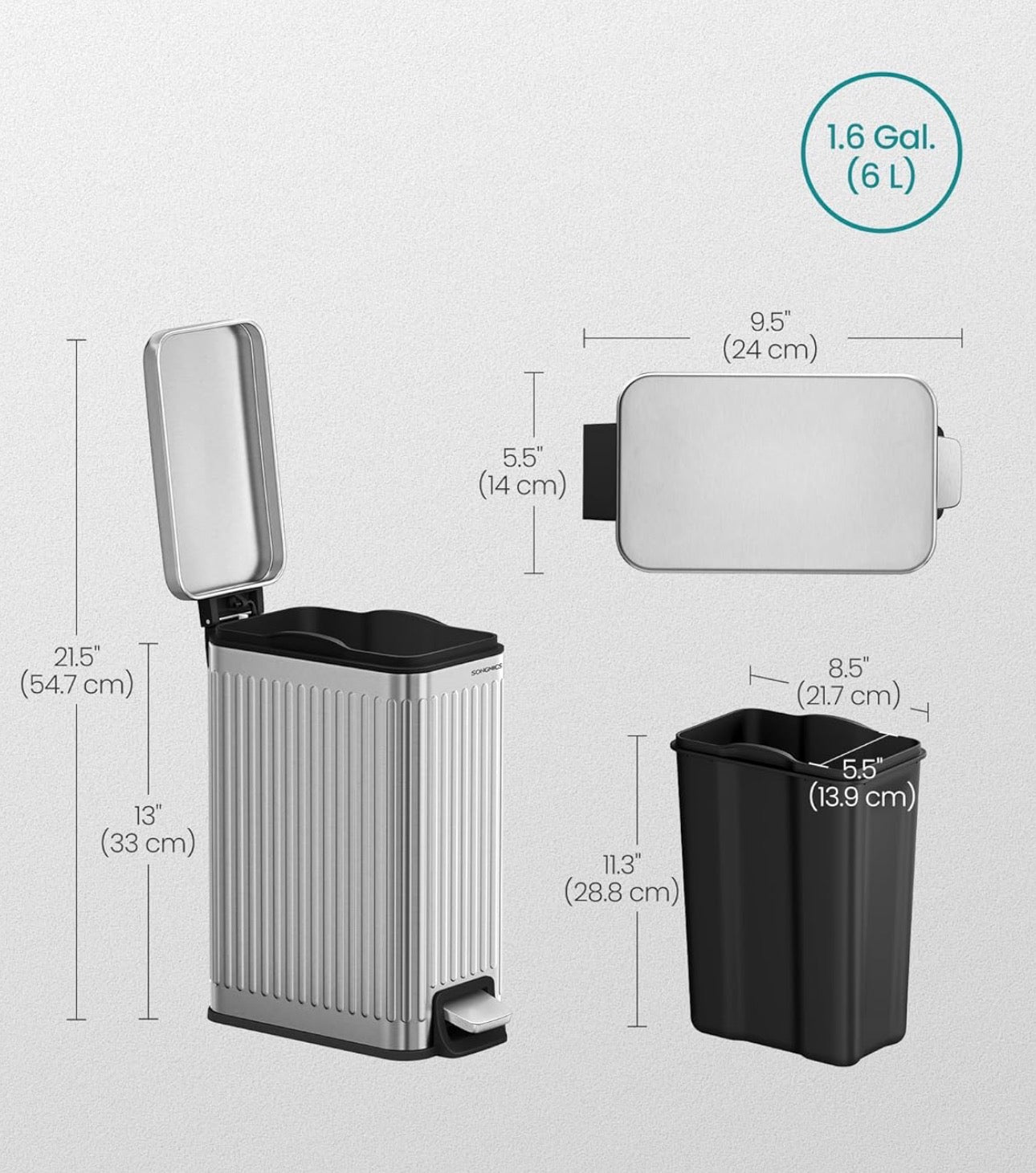 SONGMICS 1.6-Gallon Slim Bathroom Trash Can