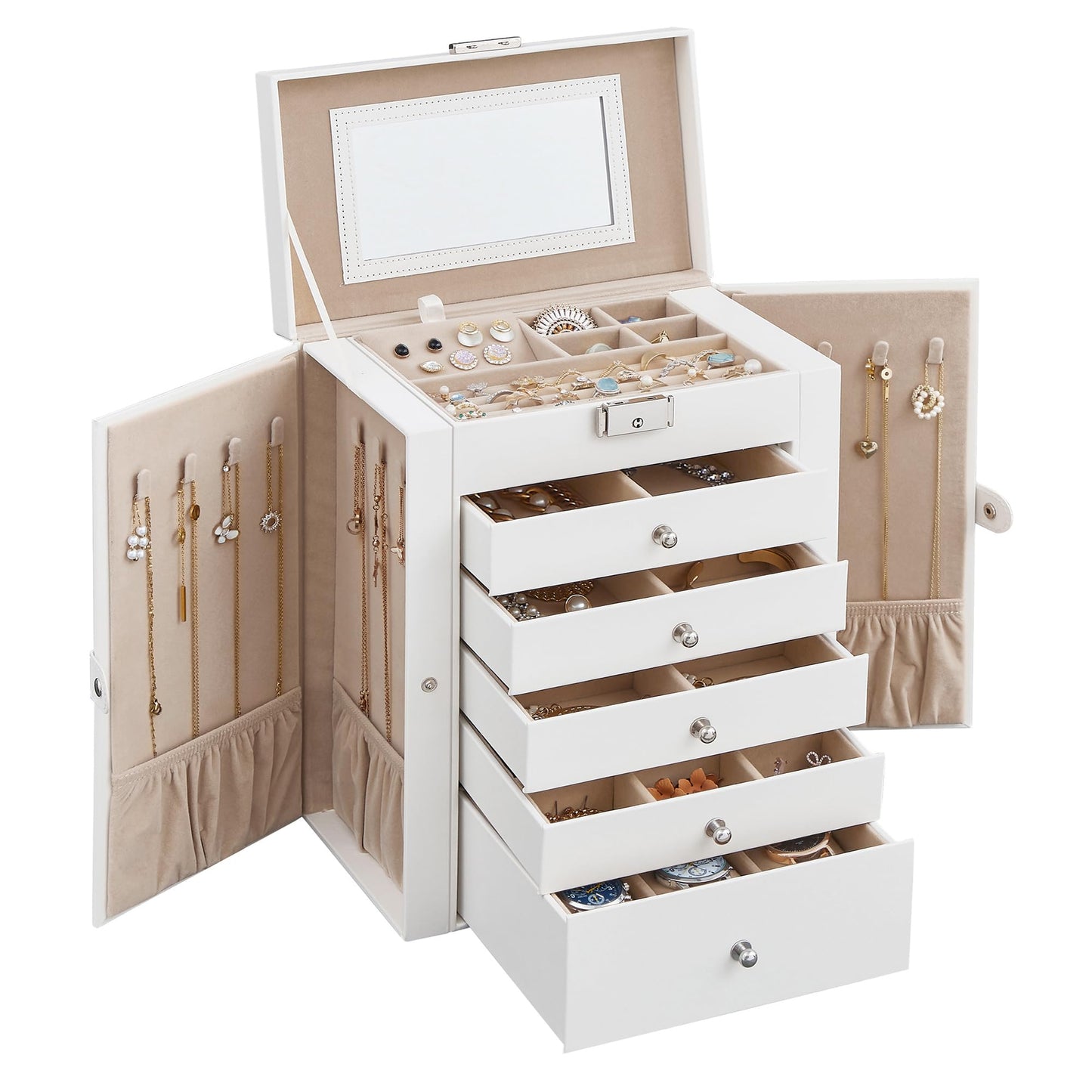 6-Tier Lockable Jewelry Organizer with Mirror