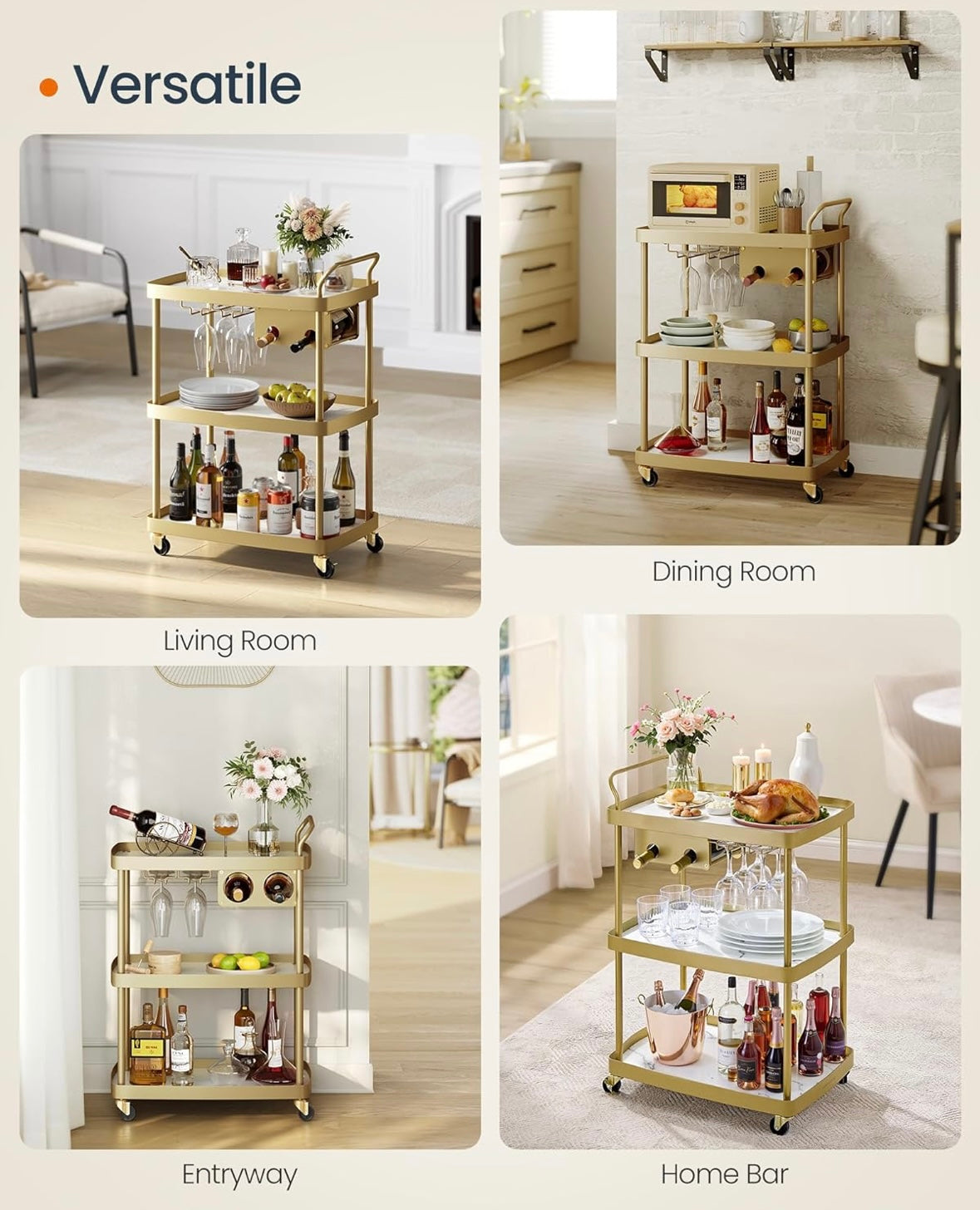SONGMICS HOME Marble & Gold Bar Cart – 3-Tier Rolling Beverage Cart
