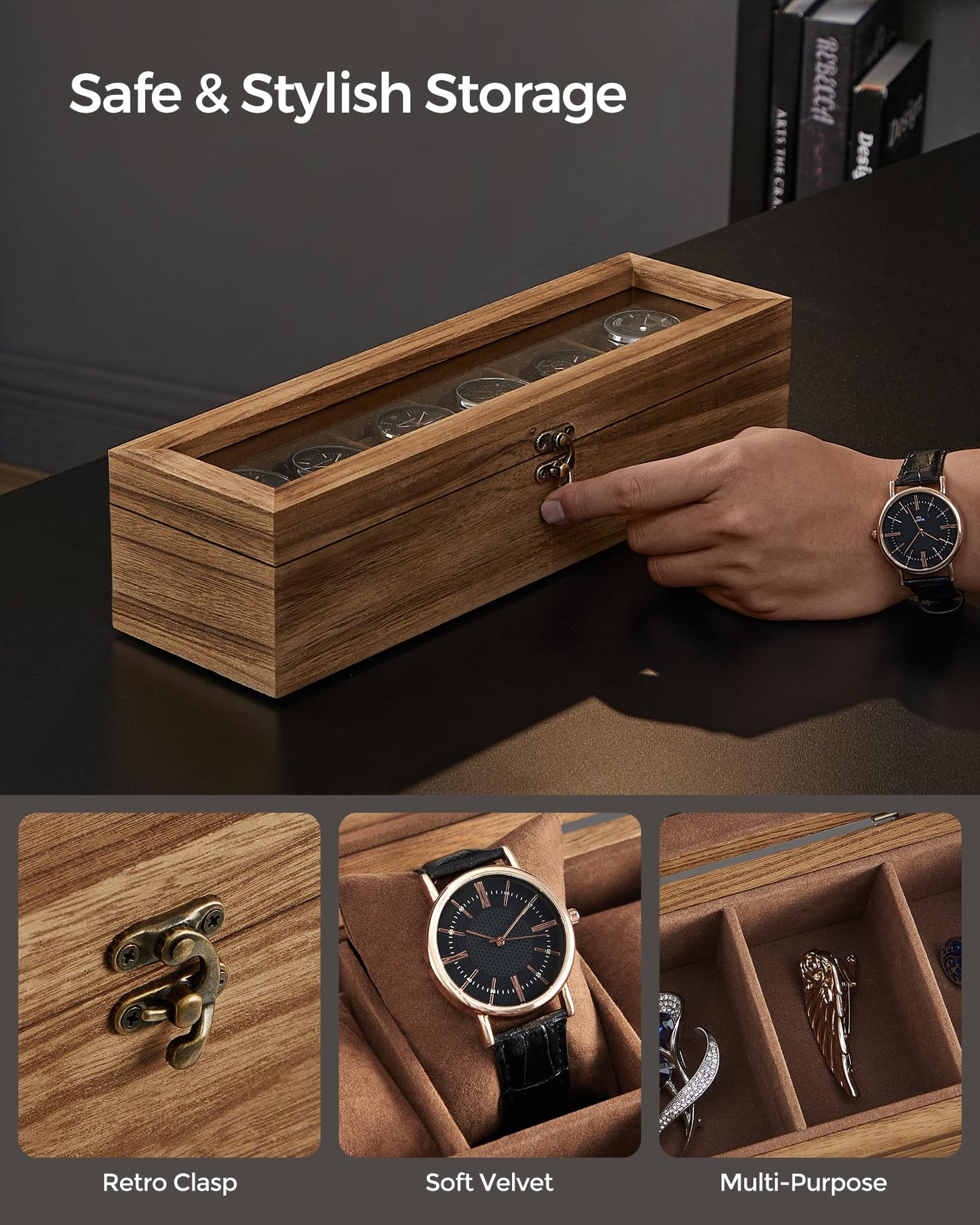 SONGMICS Rustic Walnut Watch Box – 6-Slot Display Case