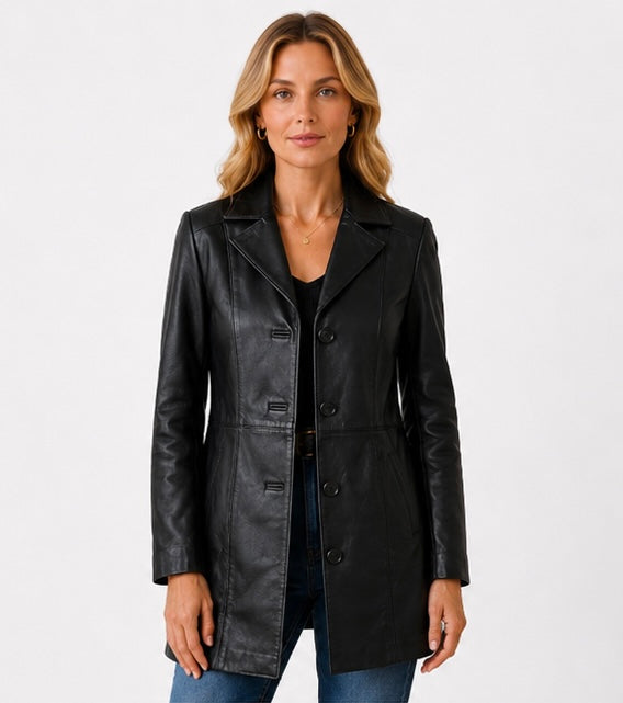 Women’s Tailored Black Leather Jacket – Classic Mid-Length Style