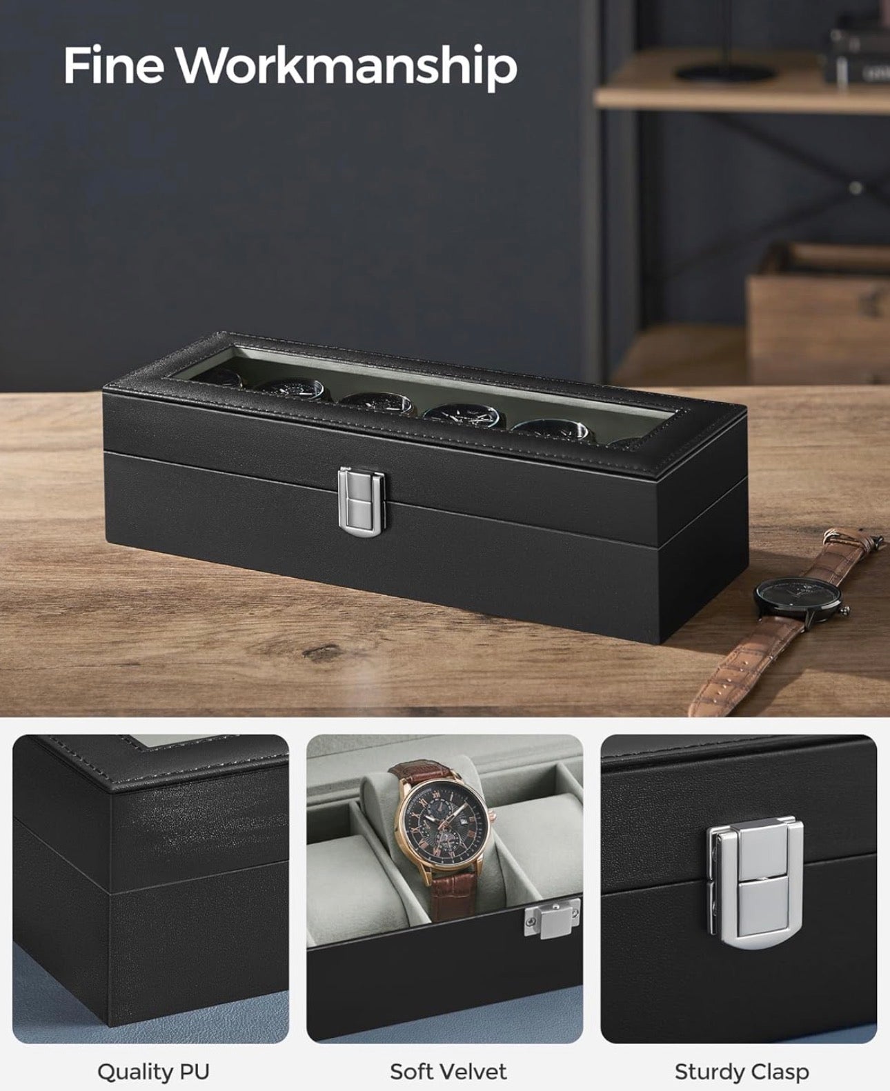 SONGMICS 6-Slot Watch Box with Glass Lid