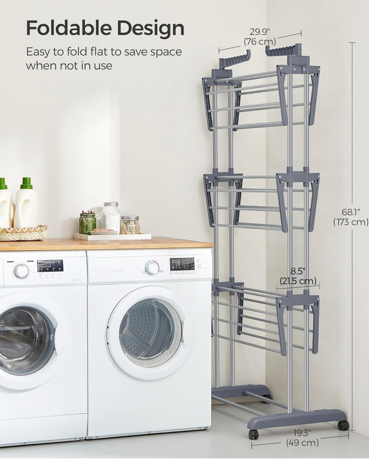 VASAGLE 4-Tier Foldable Clothes Drying Rack — Heavy-Duty Stainless Steel (Dove Grey)