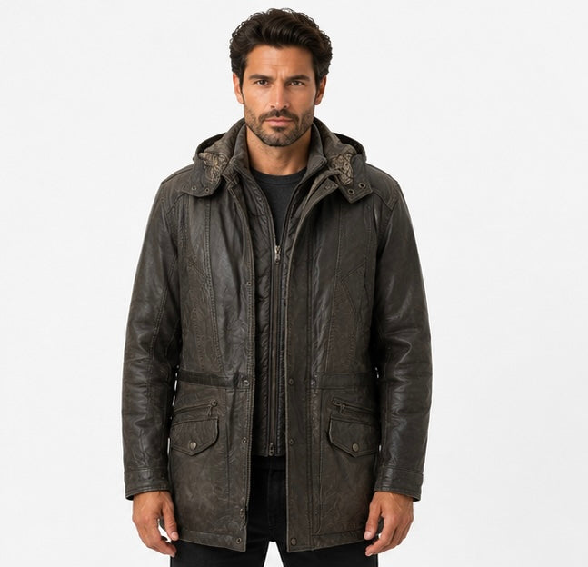 Men’s Hooded Leather Coat