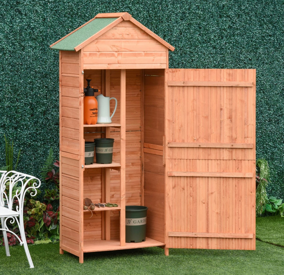 Outsunny Wooden Outdoor Storage Shed – 3 Shelves | Waterproof Fir Wood | Lockable Double Doors | Natural Finish