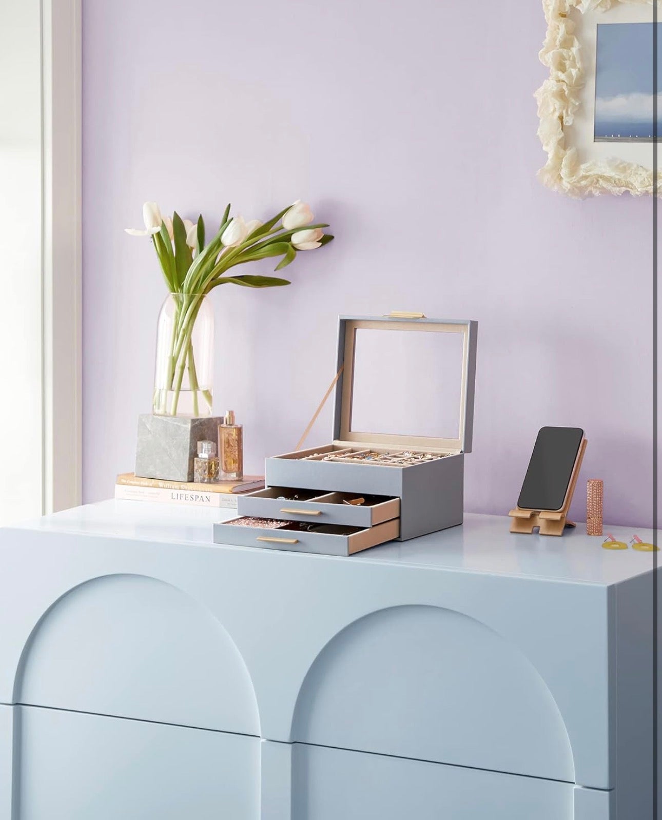SONGMICS 3-Layer Jewelry Box Organizer with Glass Lid