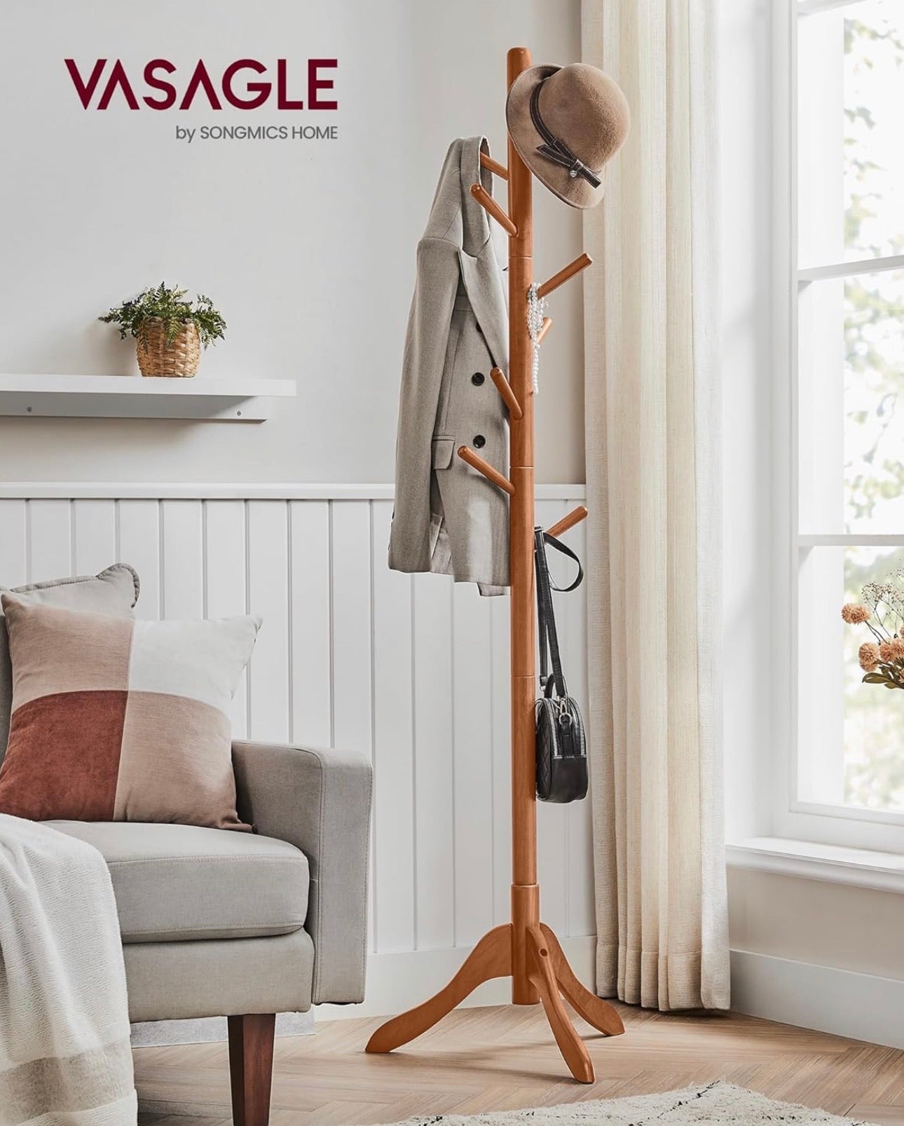 VASAGLE Solid Wood Standing Coat Rack