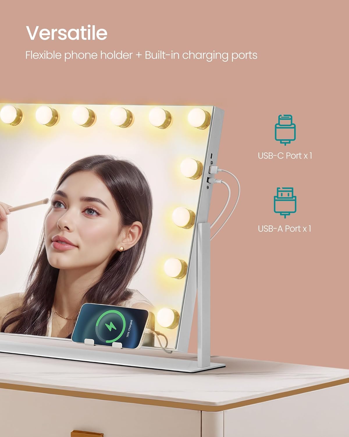 LED Vanity Mirror with Phone Holder & Charging Ports