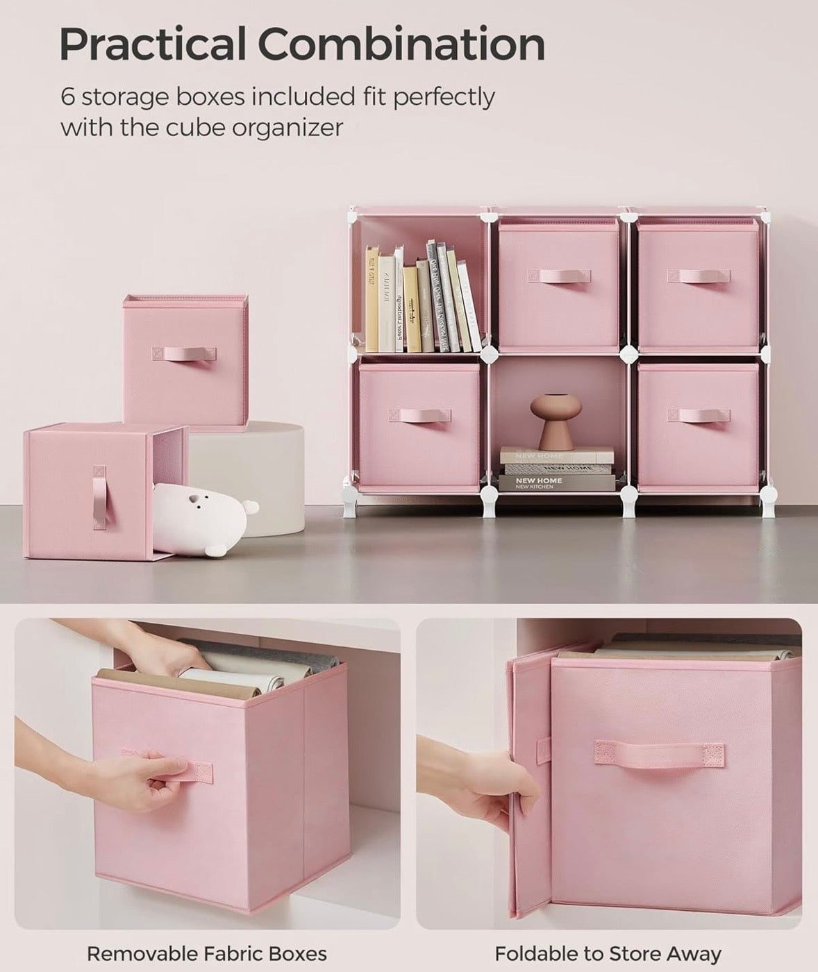 SONGMICS 6-Cube Storage Organizer w/ Fabric Bins – Jelly Pink