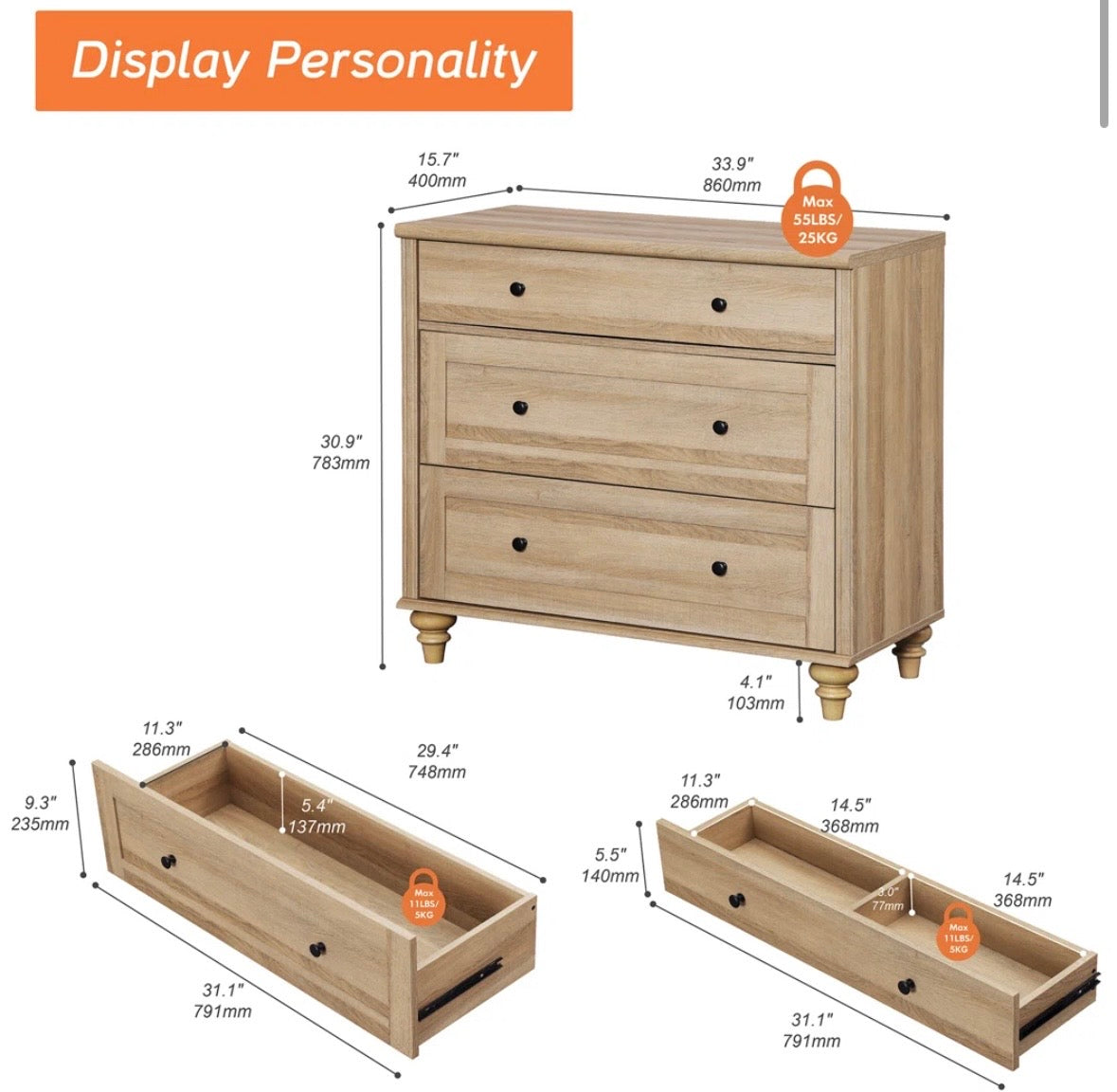 Rustic 3-Drawer Farmhouse Dresser