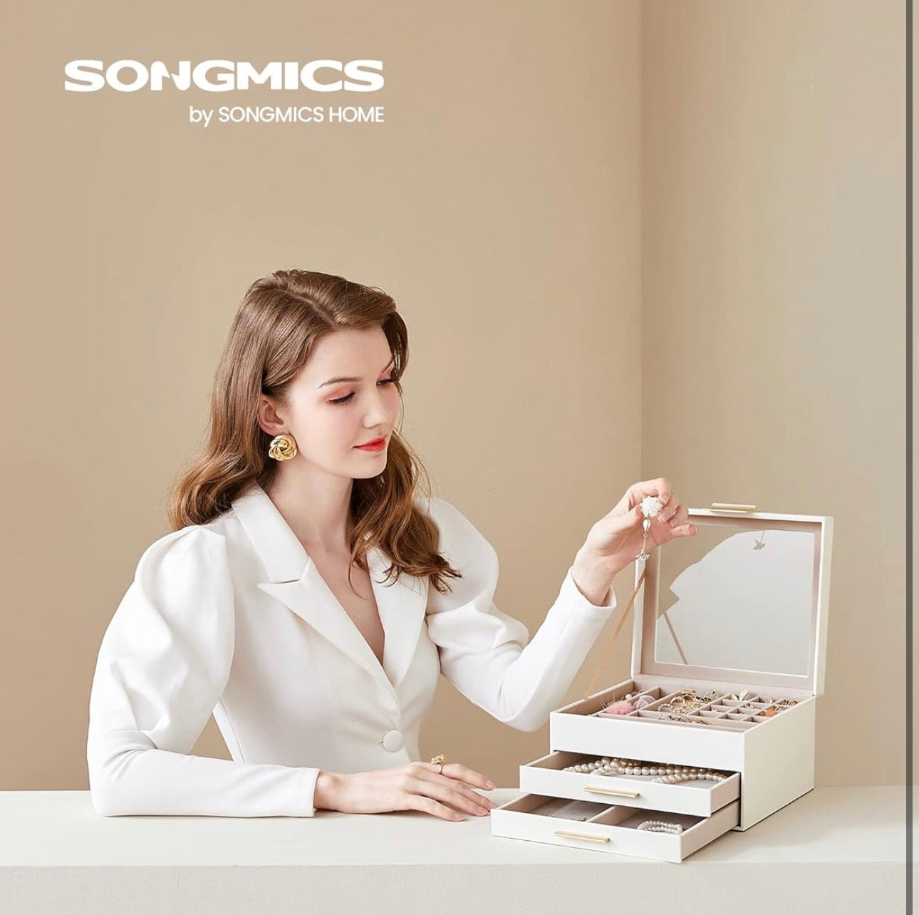 SONGMICS 3-Layer Jewelry Box with Glass Lid