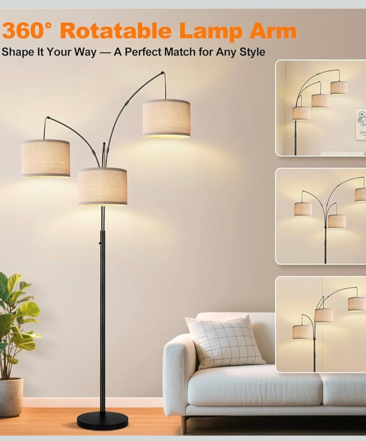 Modern 3-Light Arc Floor Lamp – Matte Black with Linen Shades