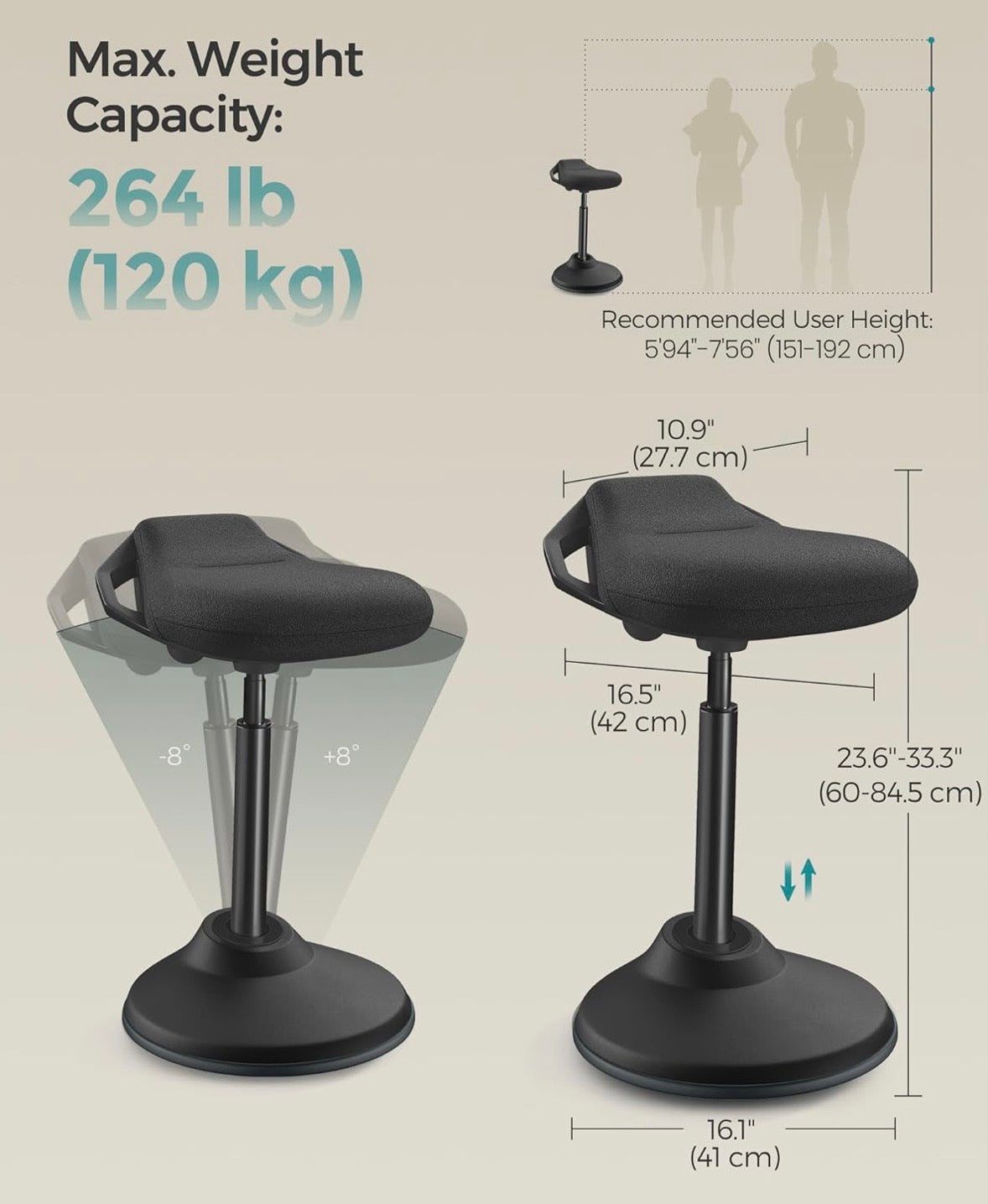 SONGMICS Ergonomic Wobble Stool – Adjustable Active Sitting Chair (Ink Black)