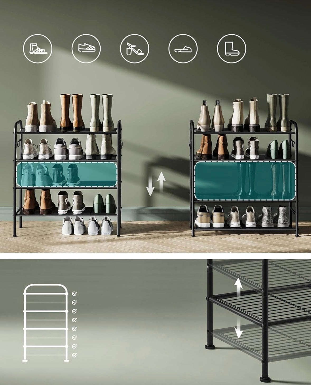 4-Tier Adjustable Metal Shoe Rack