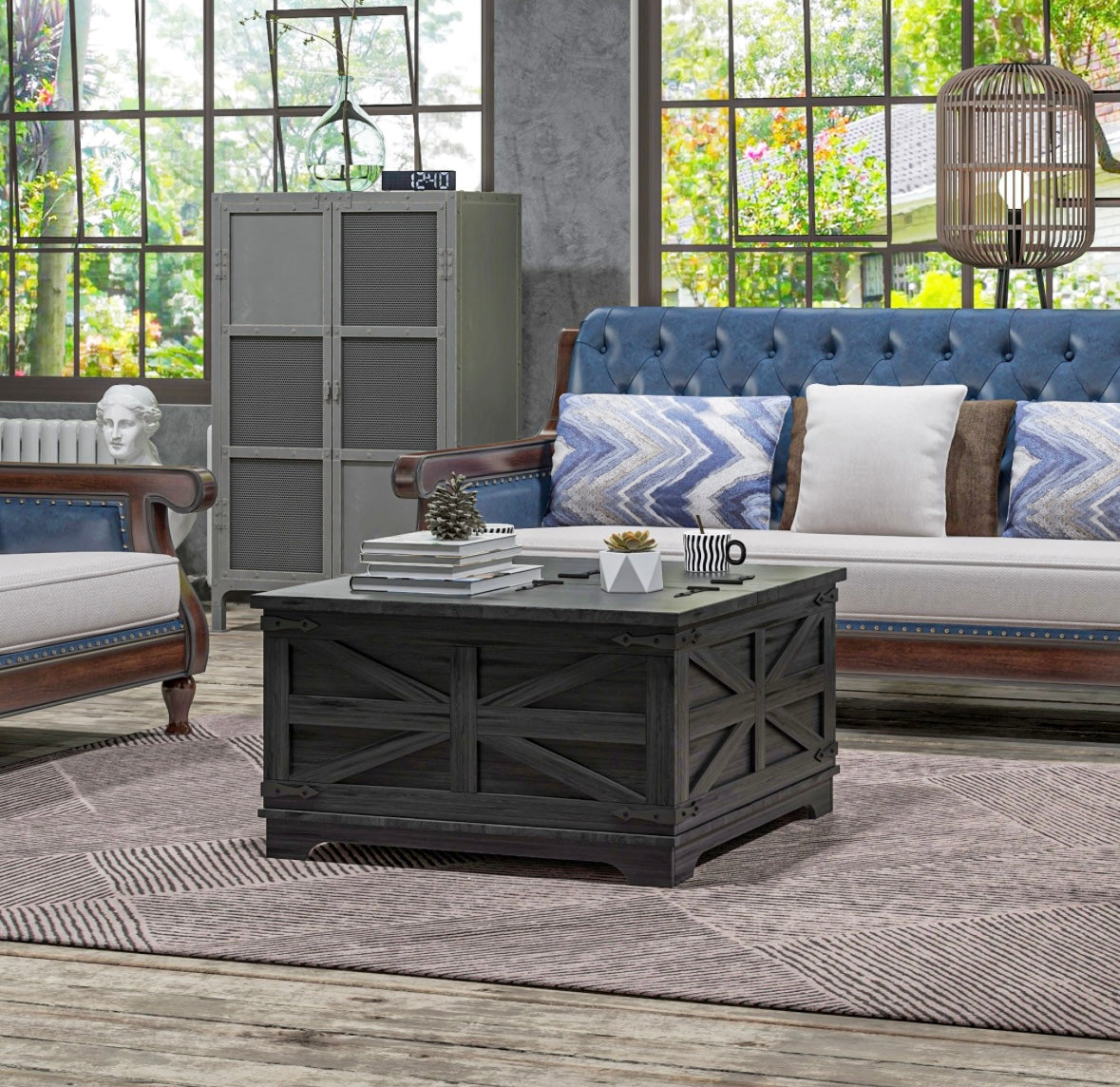 Farmhouse Lift-Top Coffee Table with Hidden Storage – Rustic Square Center Table with Flip-Top Design