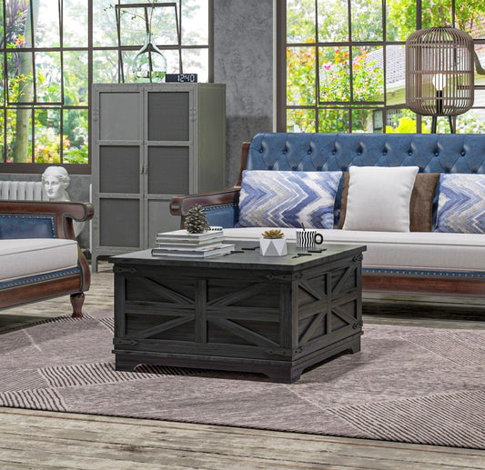 Farmhouse Lift-Top Coffee Table with Hidden Storage – Rustic Square Center Table with Flip-Top Design