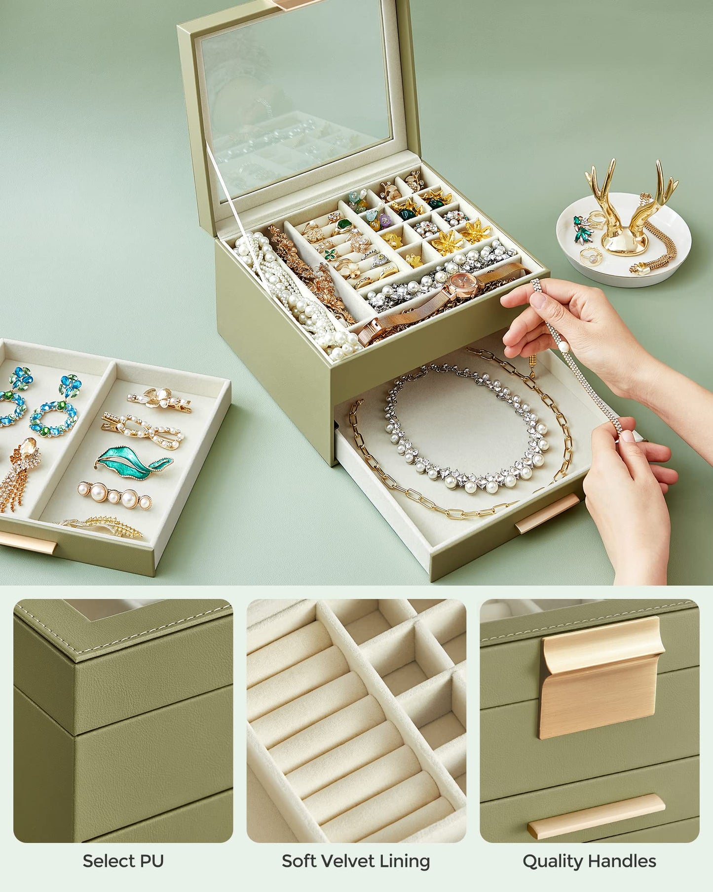 SONGMICS GISELLA Jewelry Box – Avocado Green & Gold