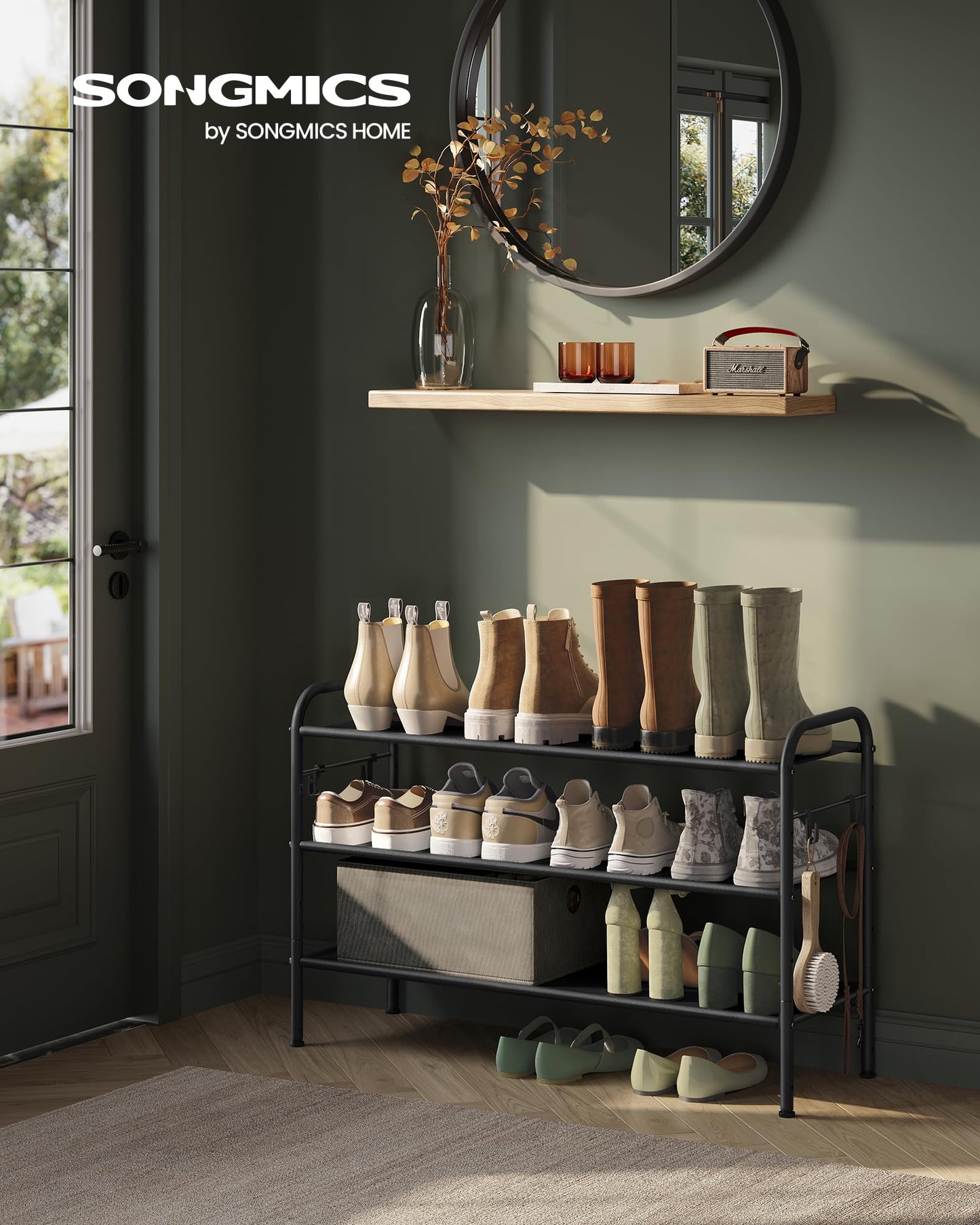 Adjustable 3-Tier Shoe Rack with Hooks