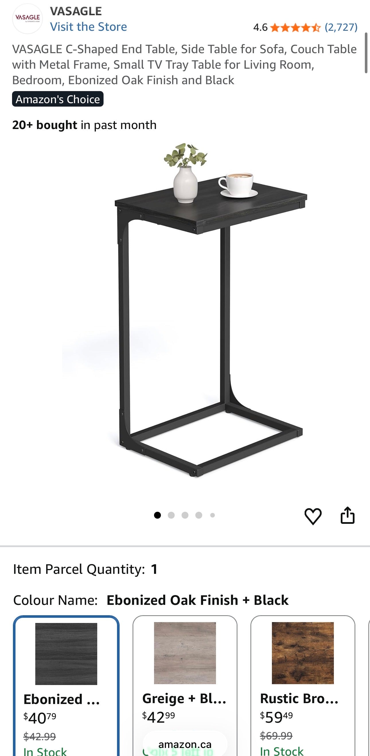 VASAGLE C-Shaped Side Table – Ebonized Oak Finish + Black