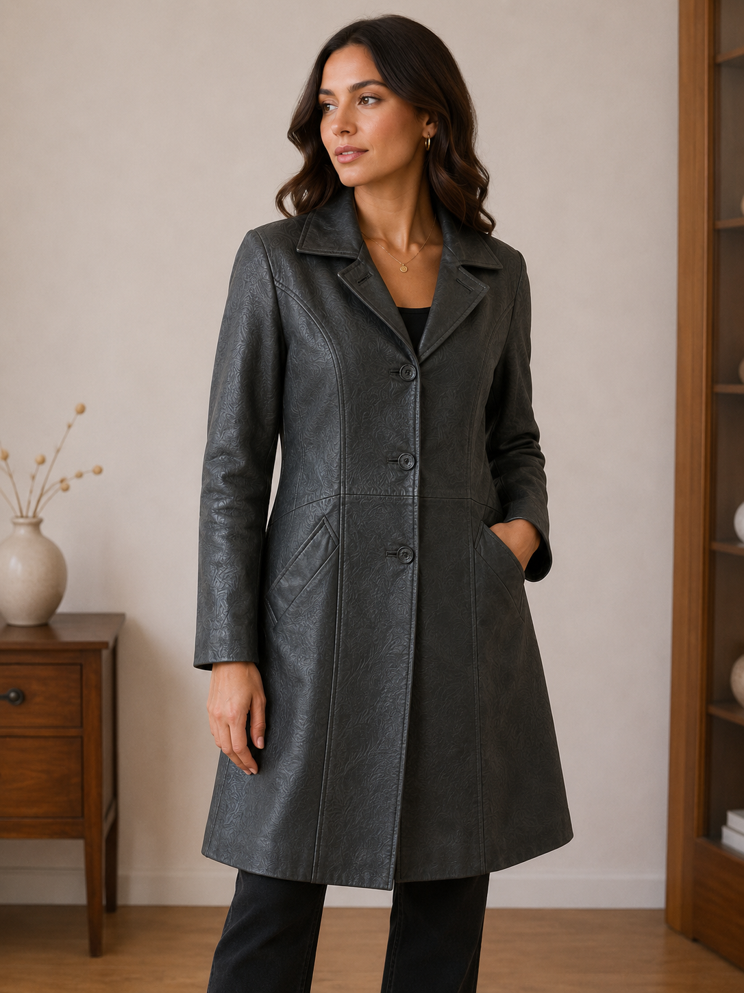 Women’s Embossed Leather Long Coat