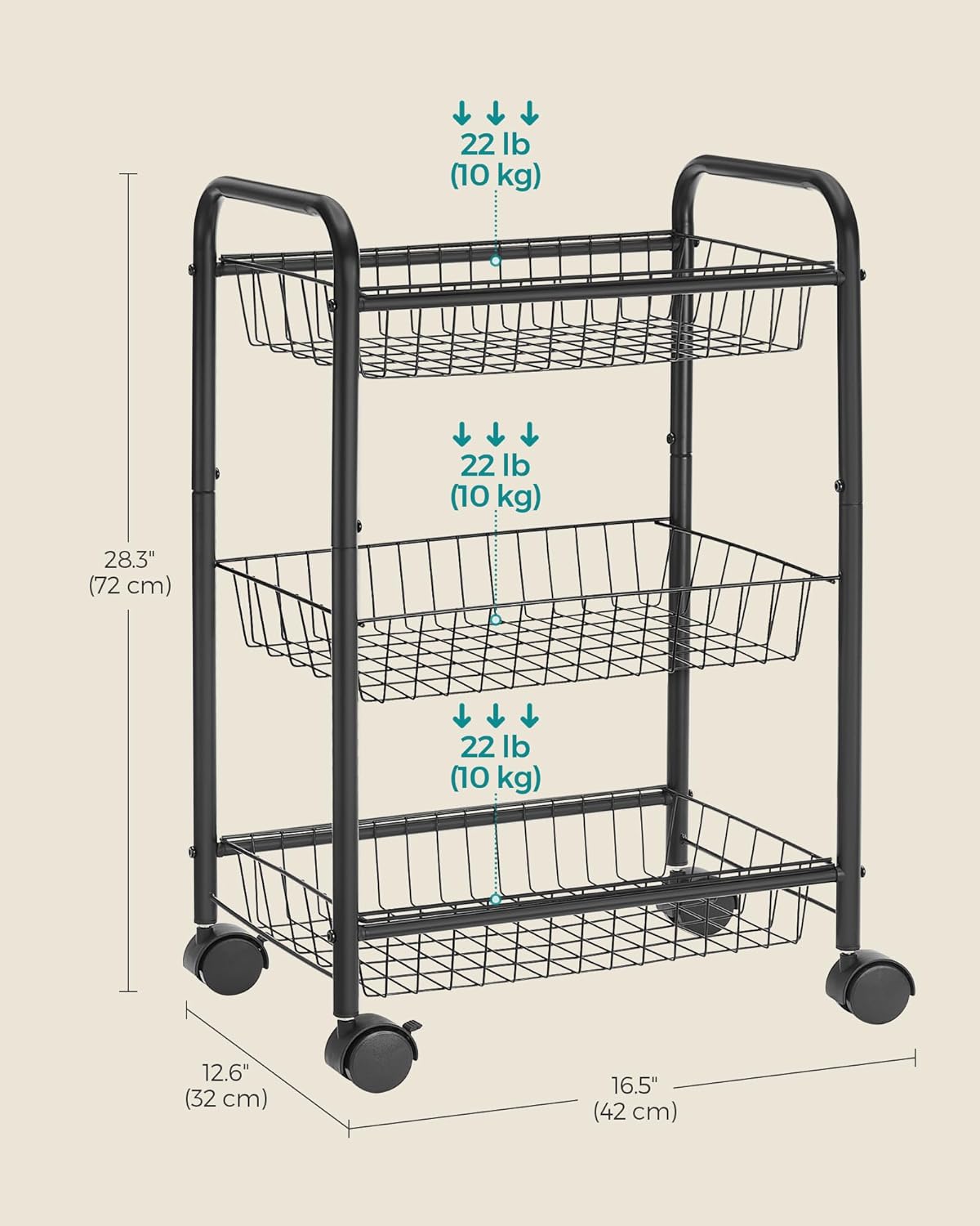 3-Tier Rolling Storage Cart – Black