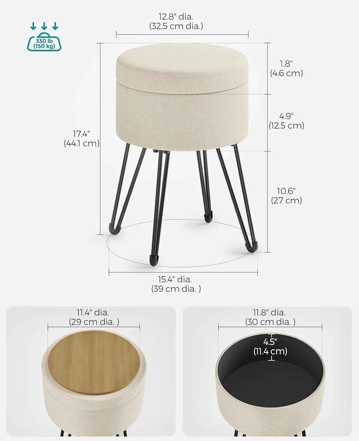 SONGMICS Round Storage Ottoman Stool