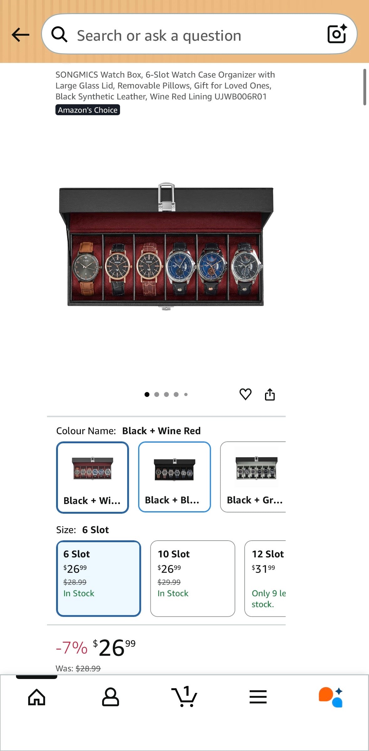 SONGMICS 6-Slot Watch Box Organizer