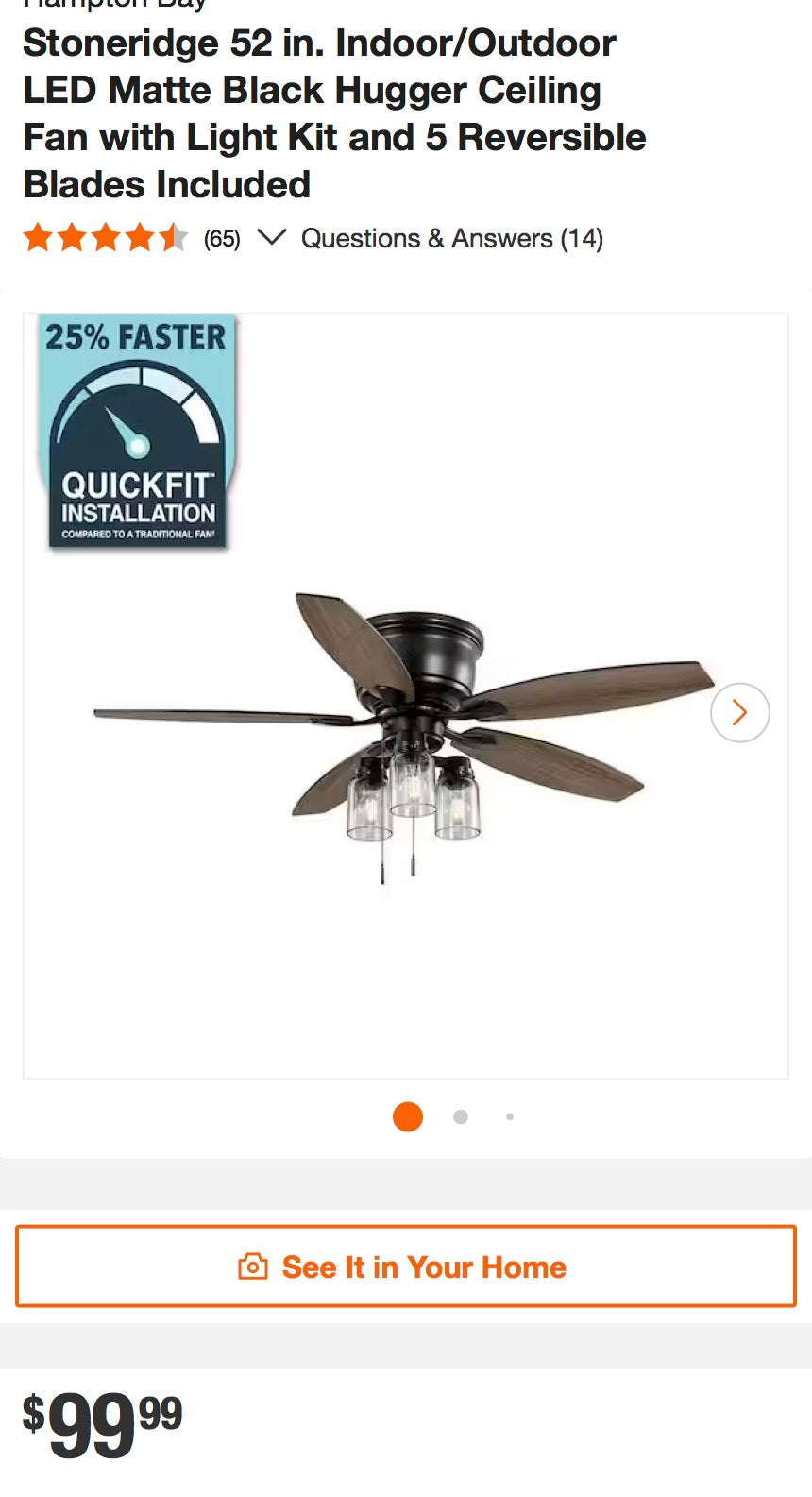 Hampton Bay Stoneridge 52” Matte Black Ceiling Fan