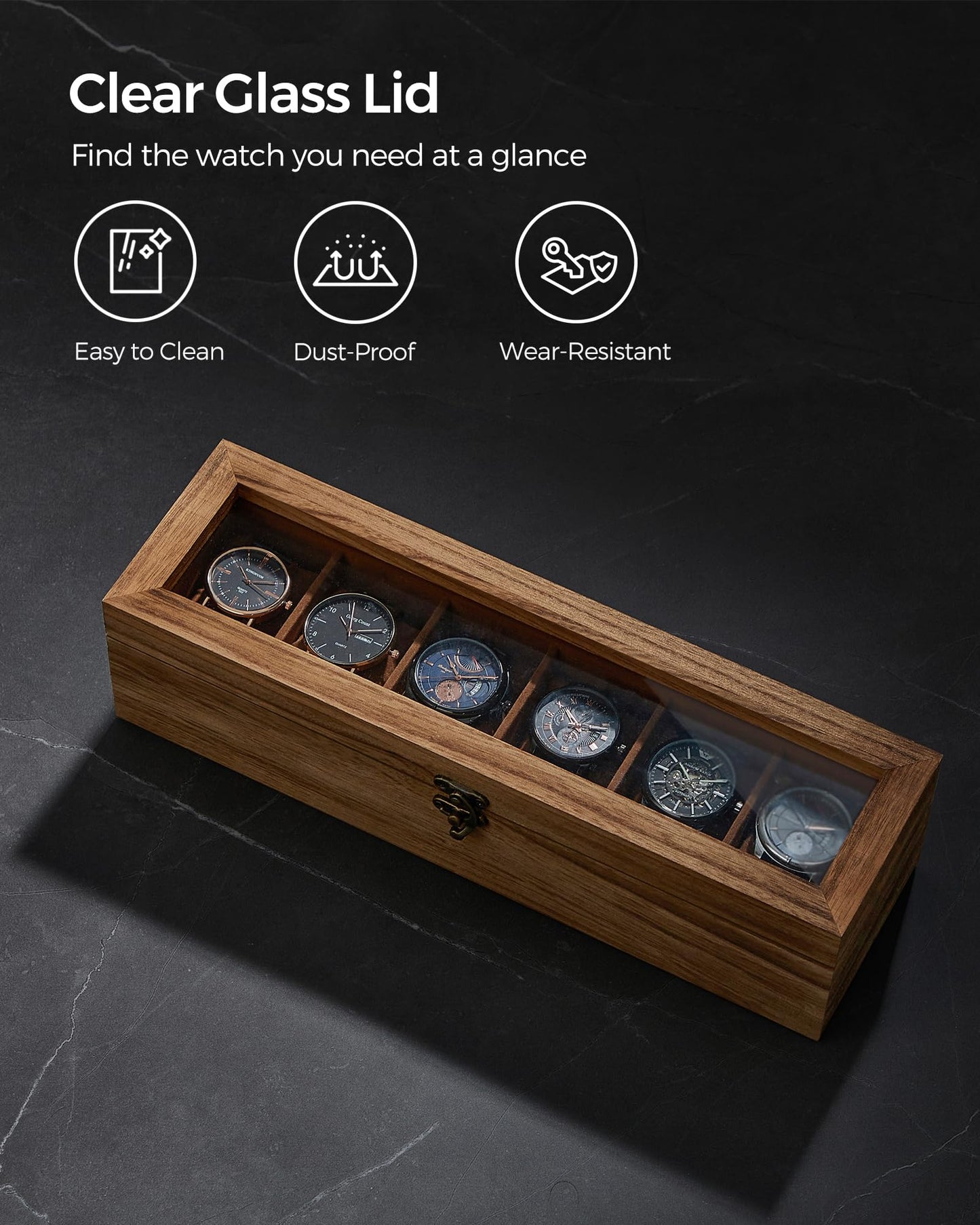 SONGMICS Rustic Walnut Watch Box – 6-Slot Display Case