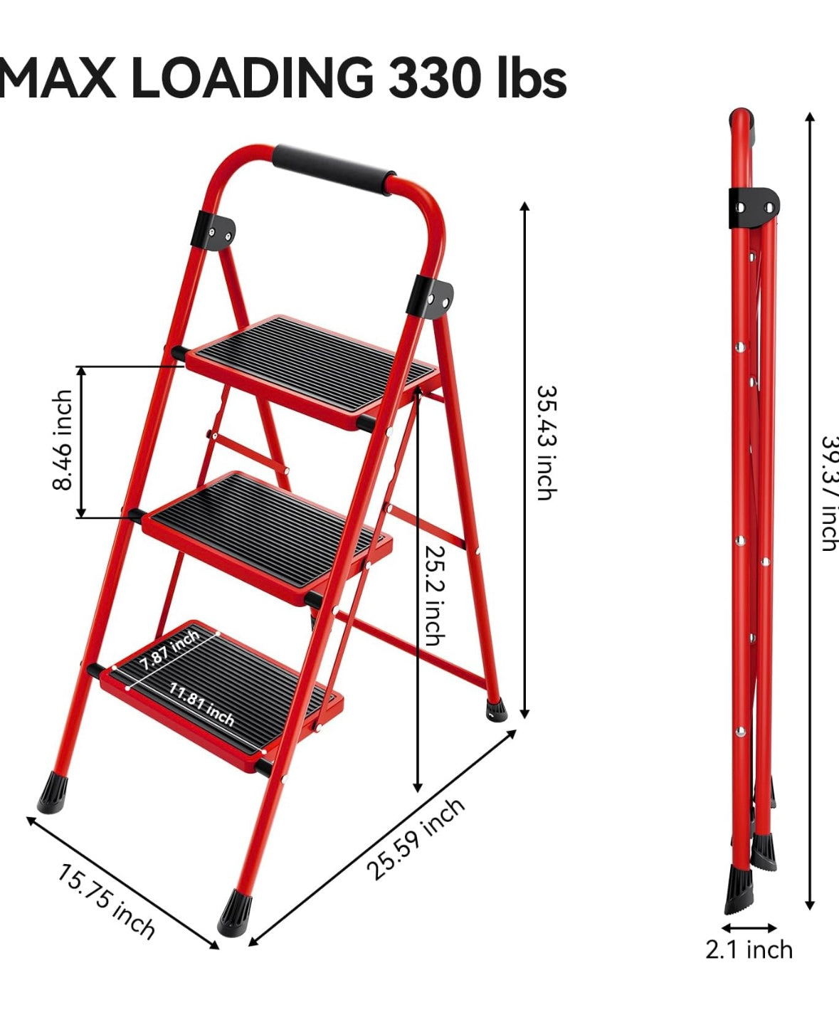 NEW – KINGRACK 3-Step Folding Ladder with Handrail – Red Steel Frame