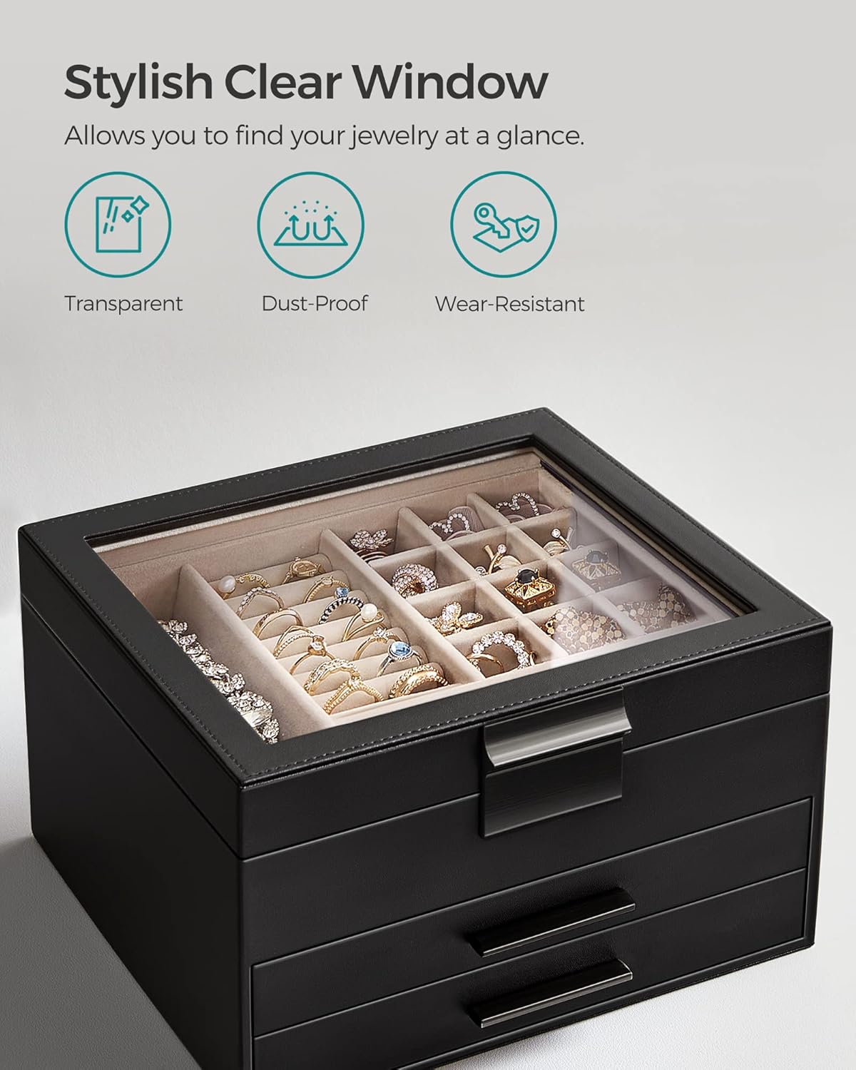 SONGMICS GISELLA 3-Layer Jewelry Box – Ink Black + Silver