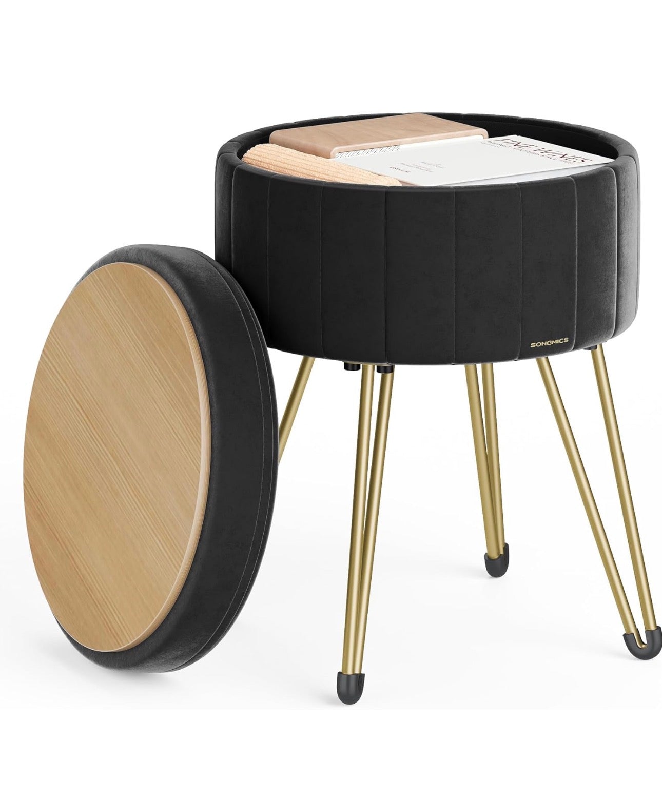 SONGMICS Velvet Round Storage Ottoman