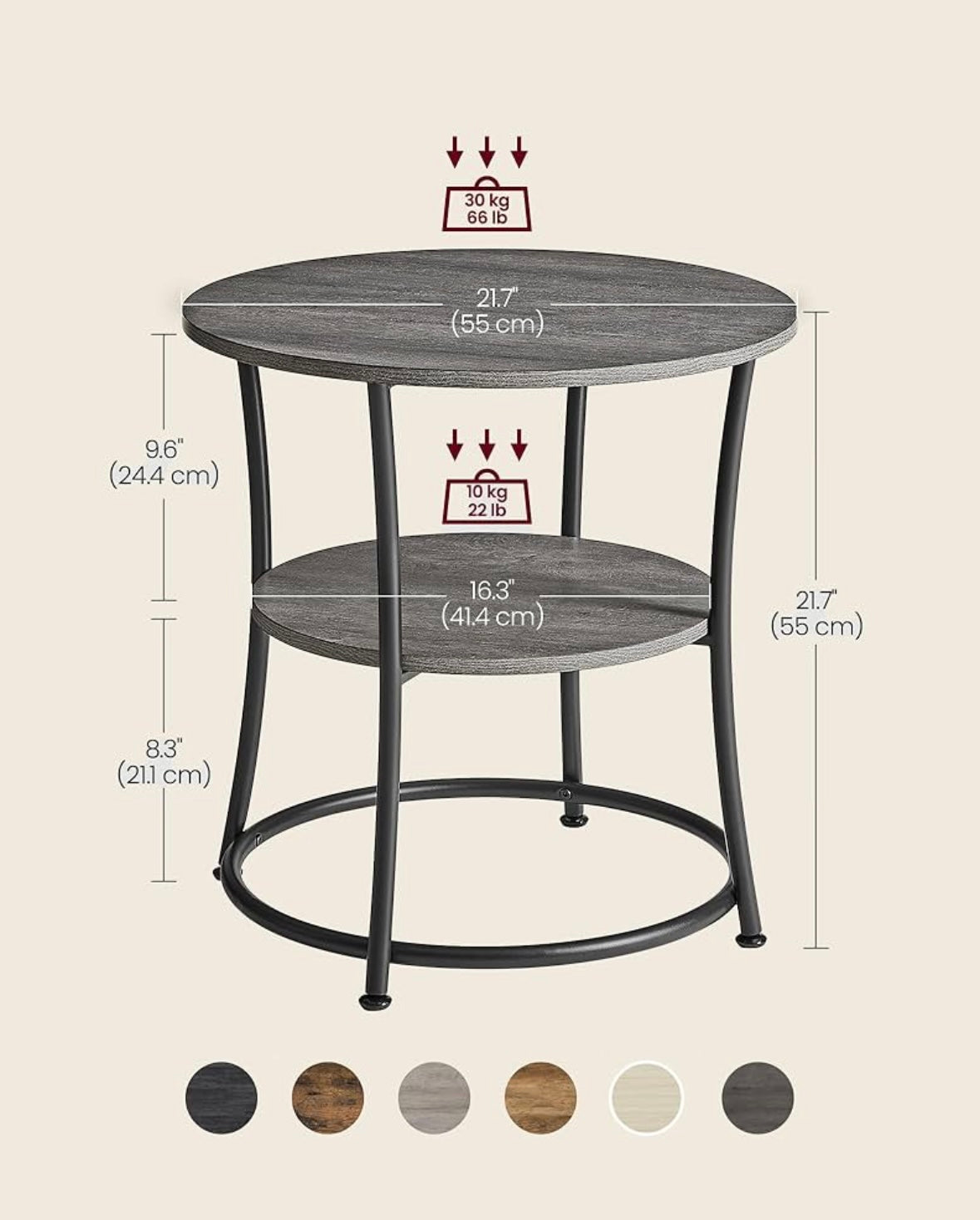 VASAGLE Misty Gray + Ink Black Round Side Table – 2-Tier Modern Accent Table