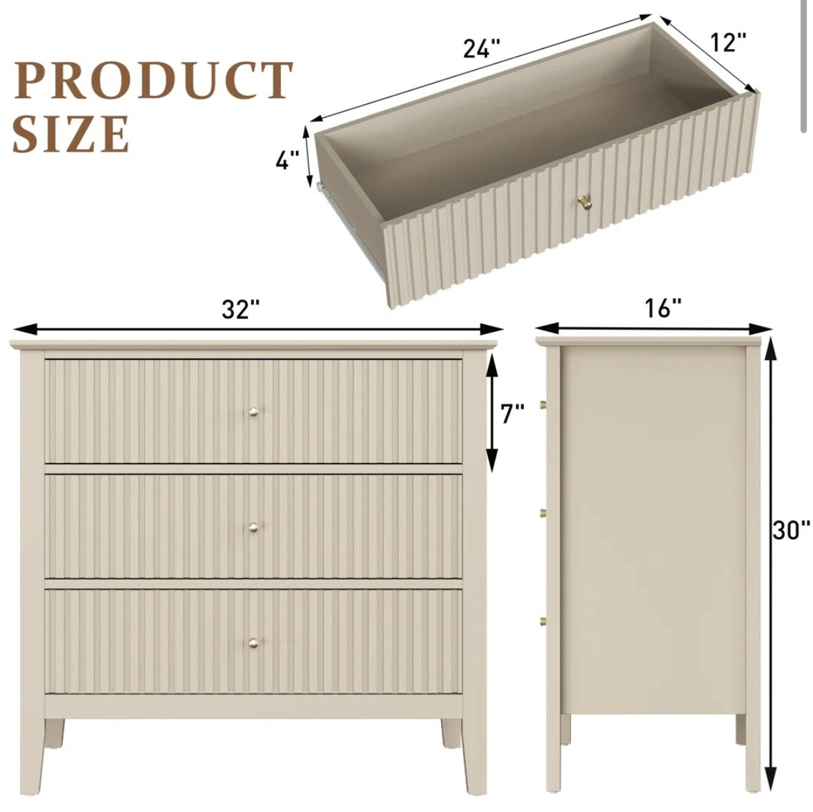 Modern Fluted 3-Drawer Dresser