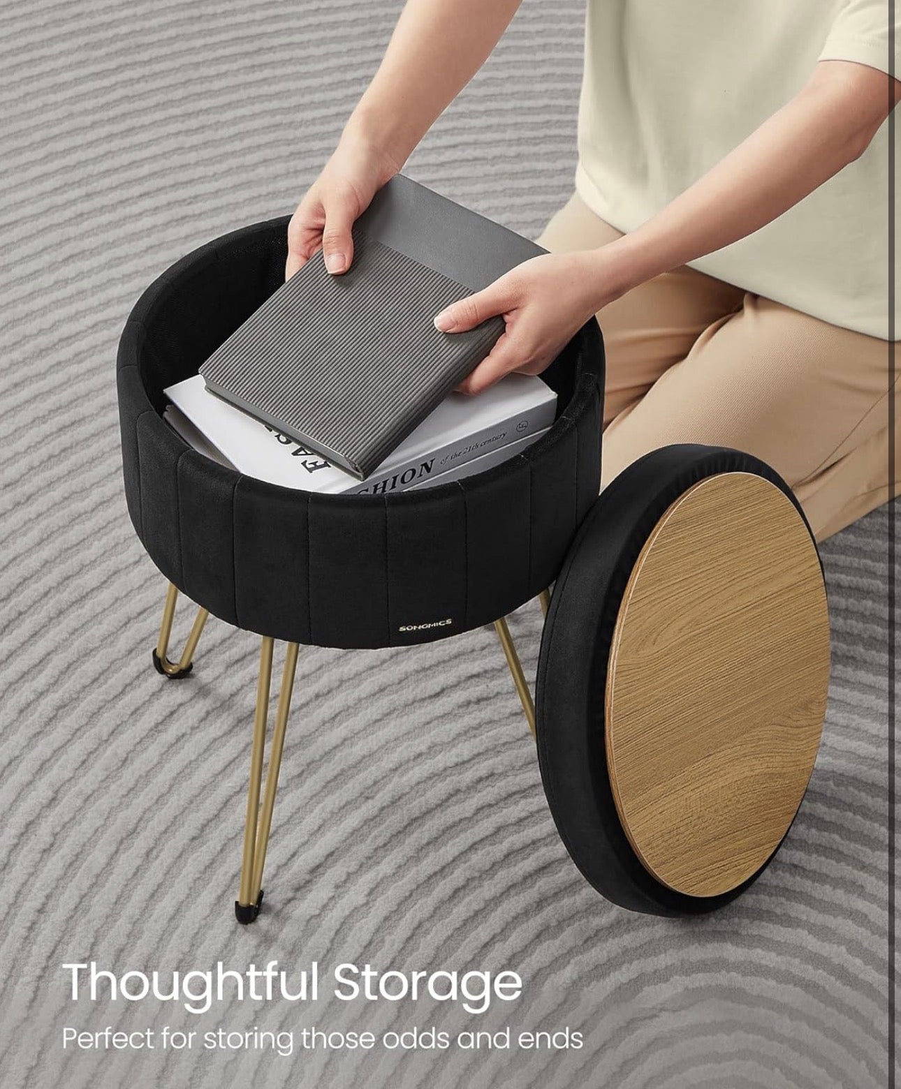 SONGMICS Velvet Round Storage Ottoman