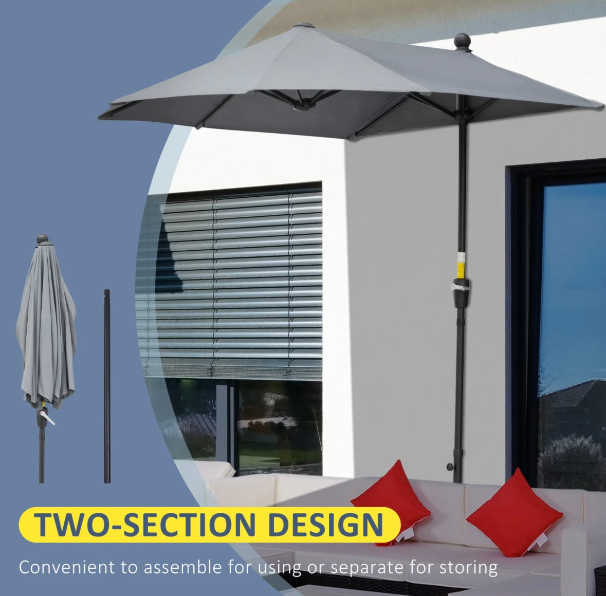 Outsunny Half Patio Umbrella — Wall-Mounted Design with Double-Sided Canopy & Crank Handle (Dark Grey)