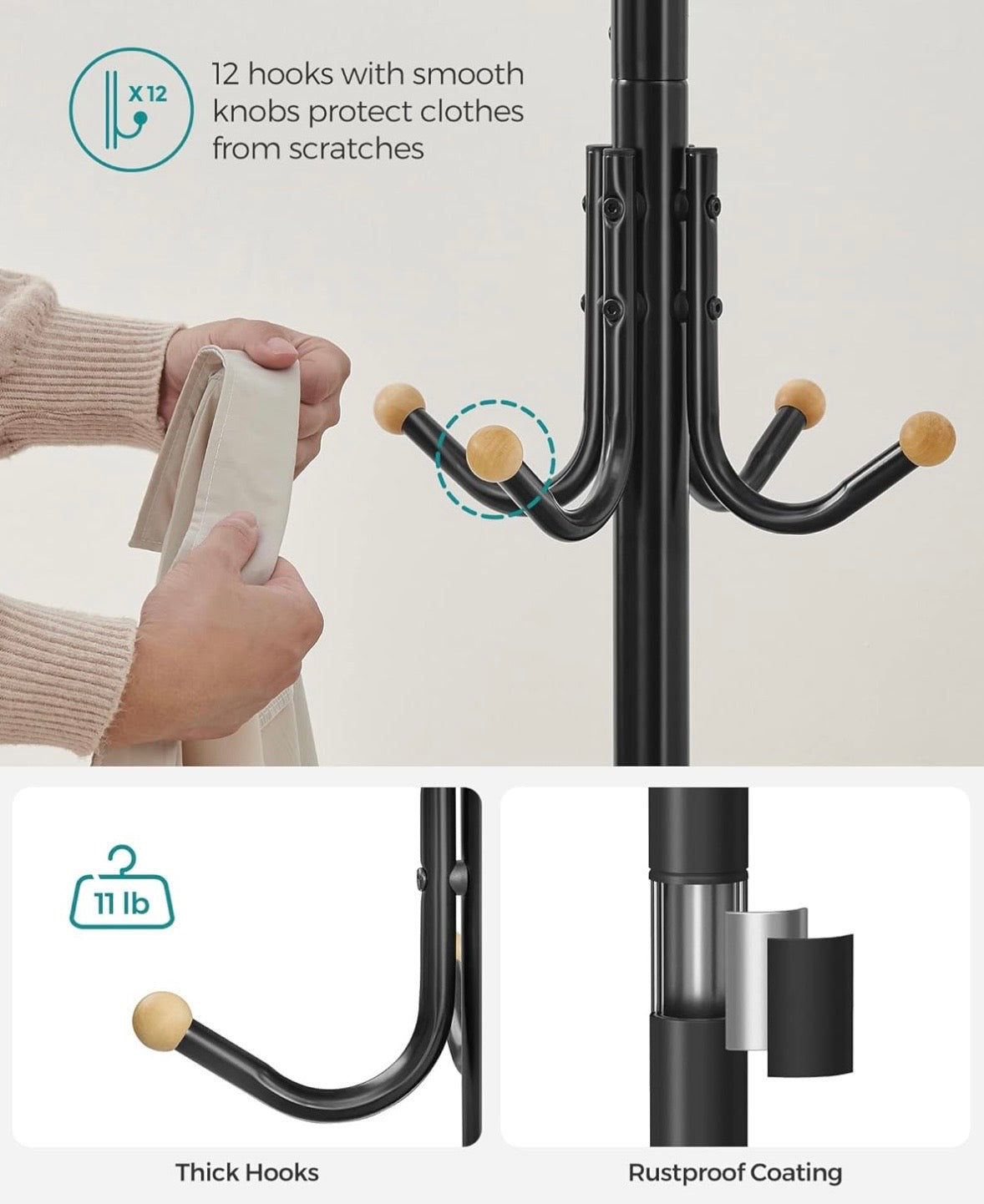 SONGMICS Freestanding Coat Rack – 12 Hook Metal Coat Tree